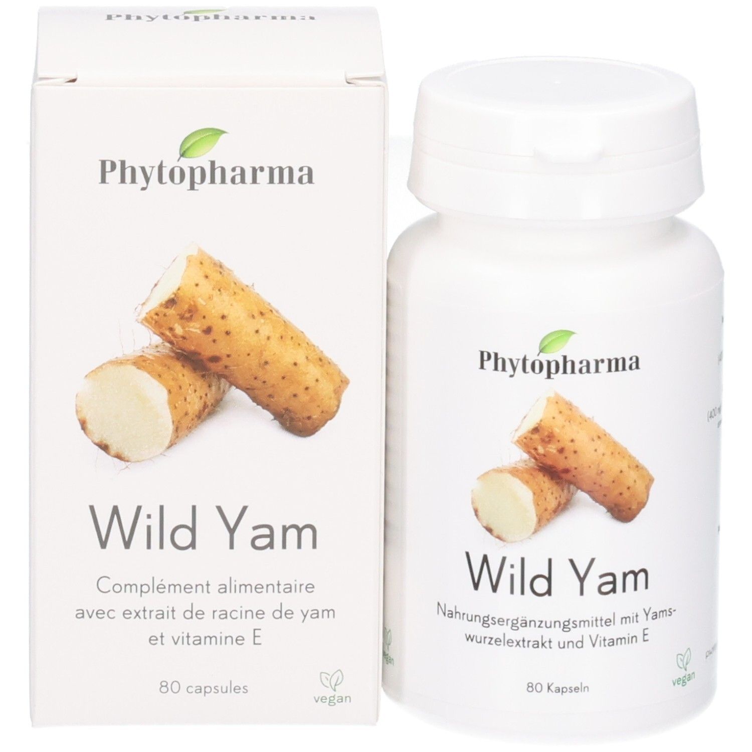 Phytopharma Wild Yam Kapsel und Kartonverpackung mit Yamswurzel-Abbildung.