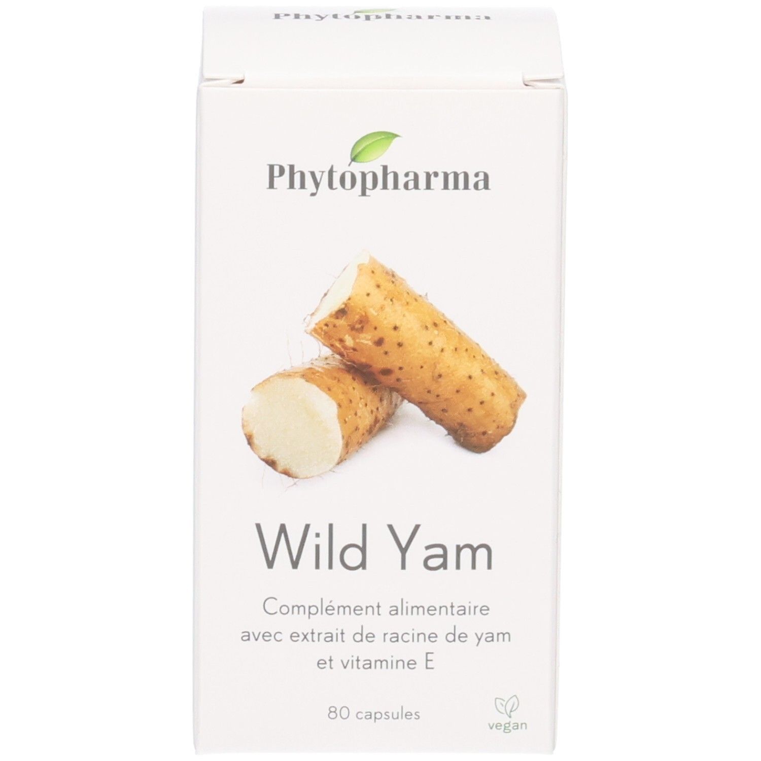 Phytopharma Wild Yam Kartonverpackung mit Yamswurzel-Abbildung und Kapselanzahl.