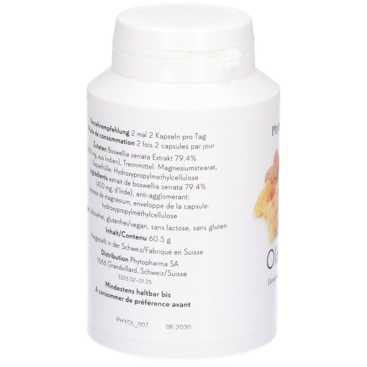 Phytopharma Olibanum Gélules: Arrière de la boîte avec liste détaillée des ingrédients et instructions d'utilisation.