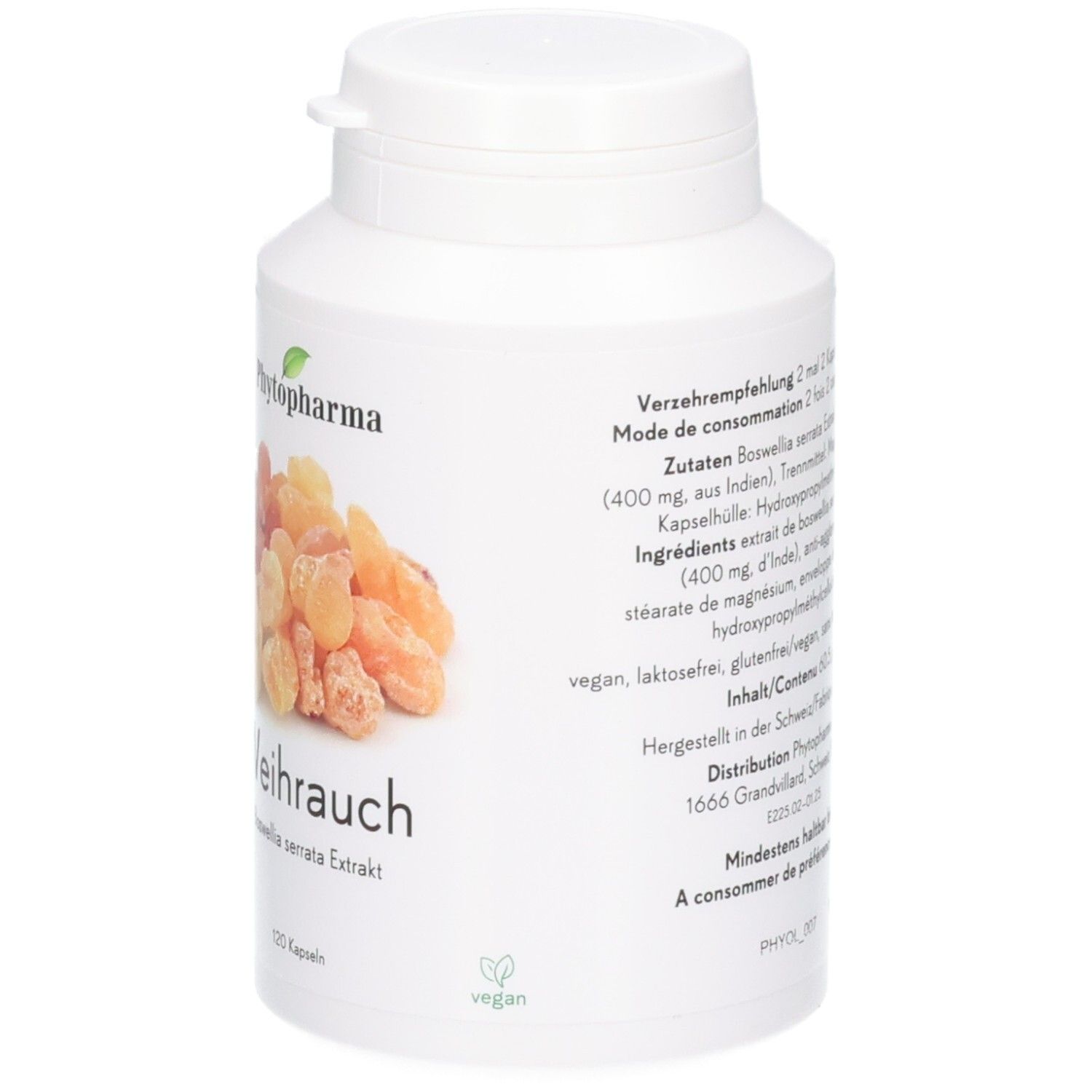 Phytopharma Olibanum Gélules: Boîte avec image de résine d'oliban et sceau vegan.