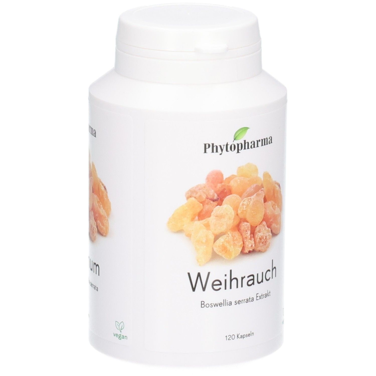 Phytopharma Olibanum Gélules: Avant de la boîte avec image de résine d'oliban et nom du produit.