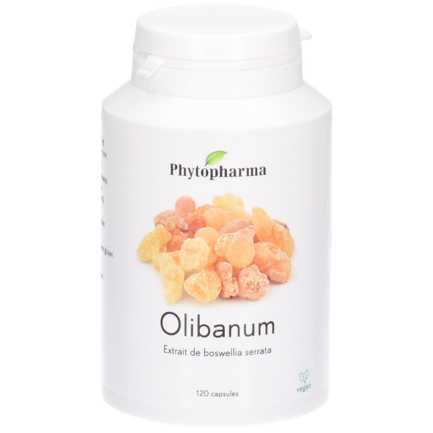 Phytopharma Olibanum Gélules: Boîte avec image de résine d'oliban et mention 'Olibanum'.
