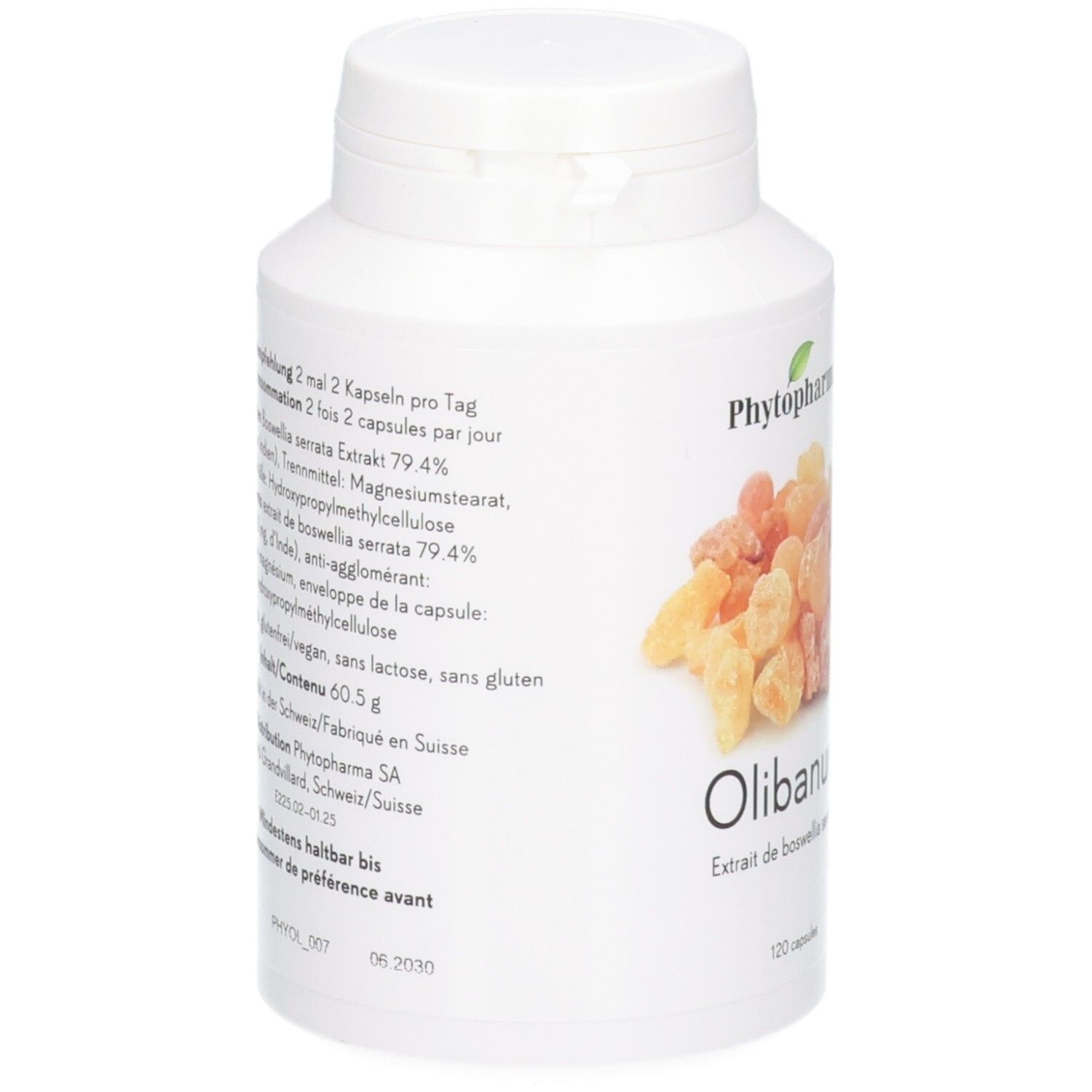 Phytopharma Olibanum Gélules: Vue latérale de la boîte avec informations détaillées sur le produit.