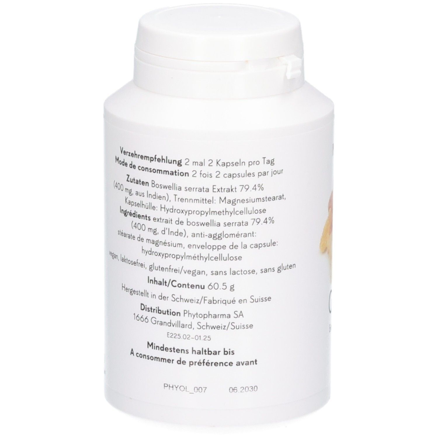 Phytopharma Olibanum Gélules: Arrière de la boîte avec informations détaillées sur les ingrédients et l'origine.