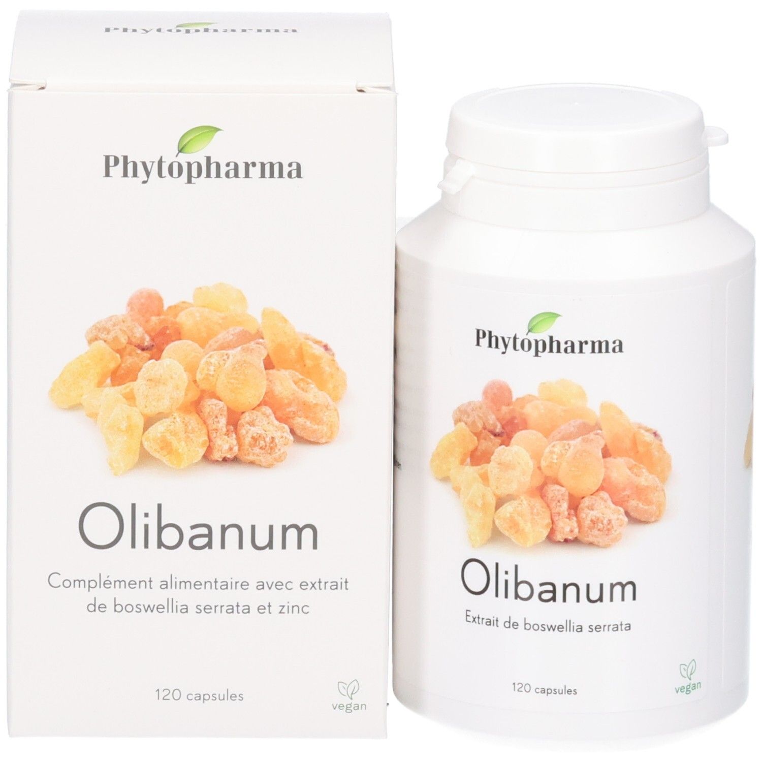 Phytopharma Olibanum Gélules: Boîte et étui pliants côte à côte, tous deux avec image de résine d'oliban.