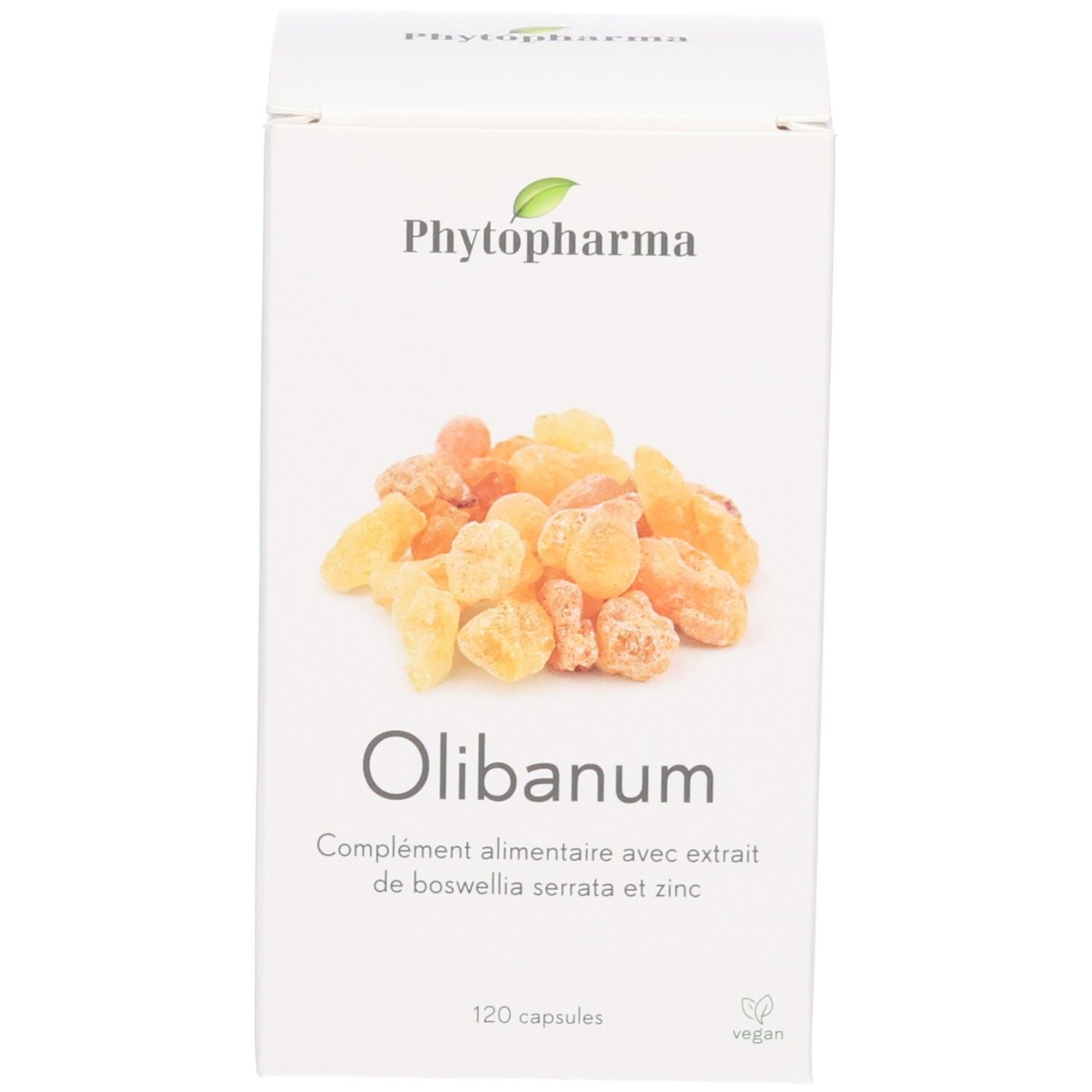 Phytopharma Olibanum Gélules: Étui pliants avec image de résine d'oliban et informations produit.