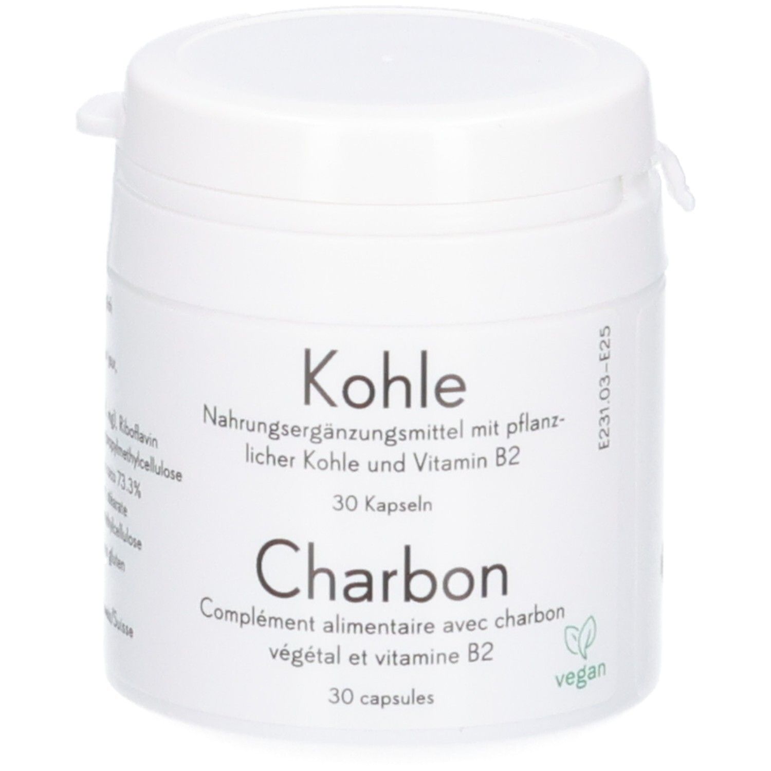 Weiße Dose mit Deckel, enthält 30 Kapseln Pflanzenkohle und Vitamin B2.