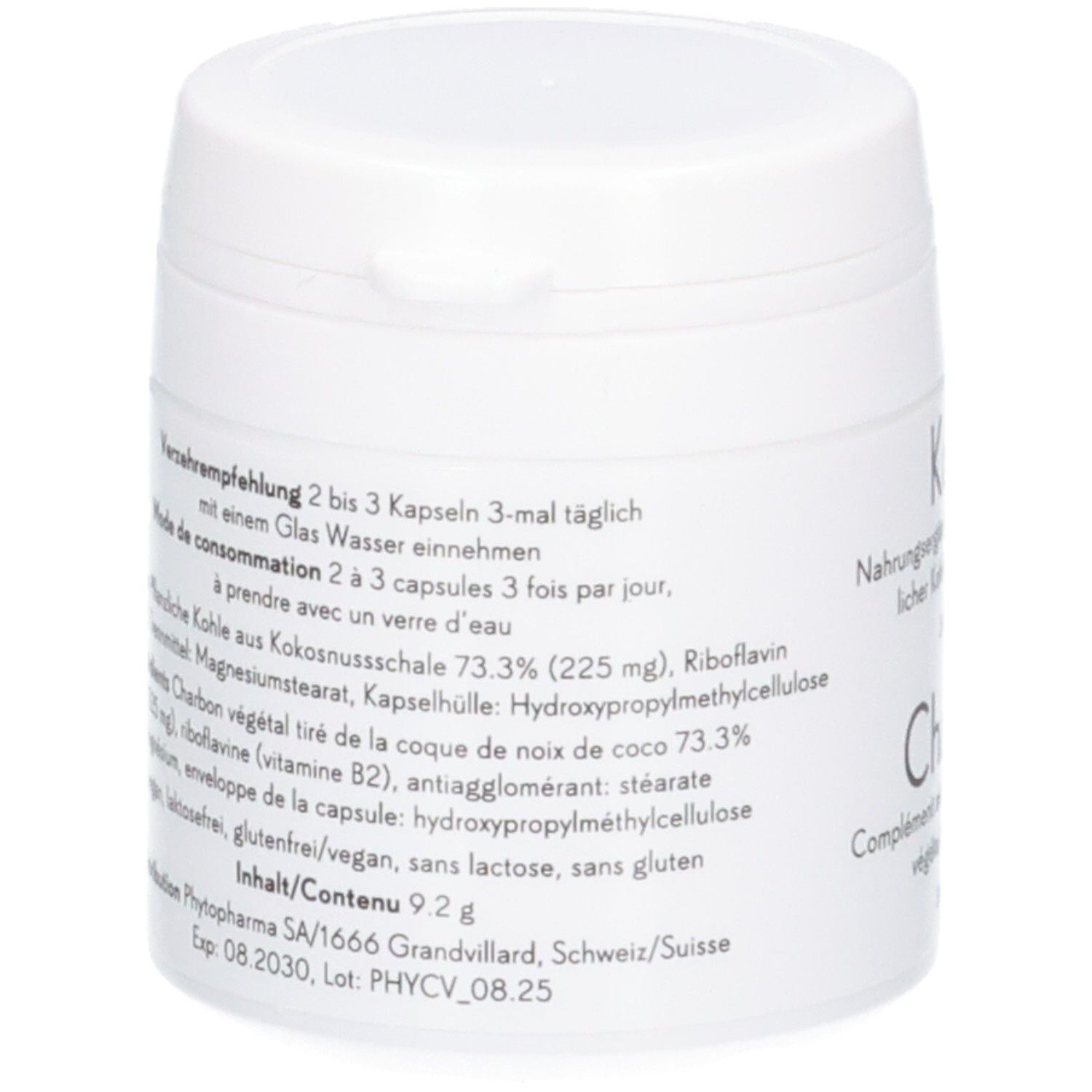 Rückseite einer Dose mit detaillierten Inhaltsstoffen und Anwendungshinweisen für Pflanzenkohle und Vitamin B2.