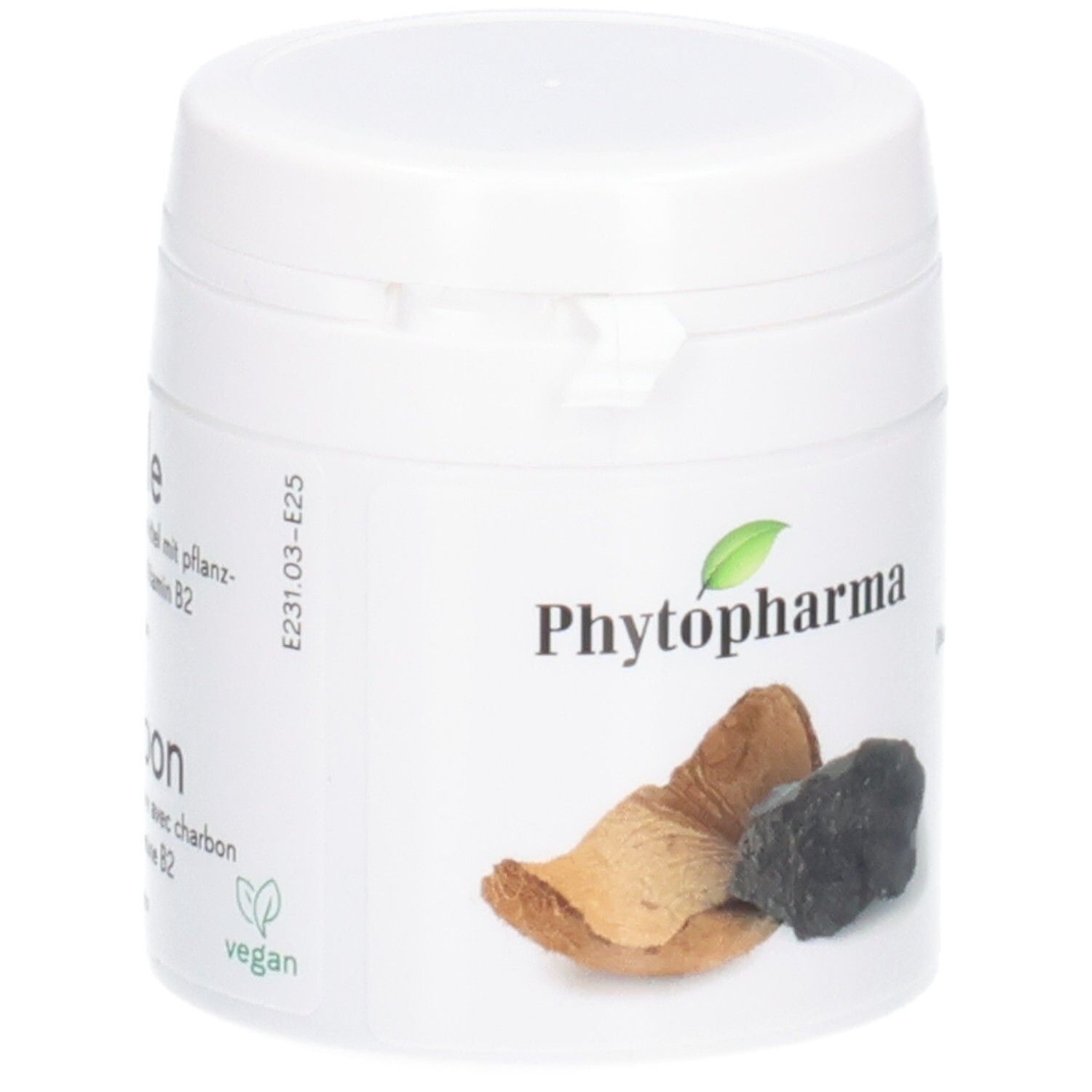 Dose mit Phytopharma Logo, zeigt Pflanzenkohle-Stücke und die Aufschrift 'Charbon'.