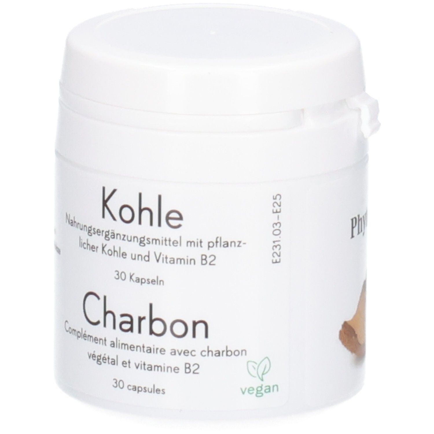 Vorderseite einer Dose mit der Bezeichnung 'Kohle' und 'Charbon', 30 Kapseln.