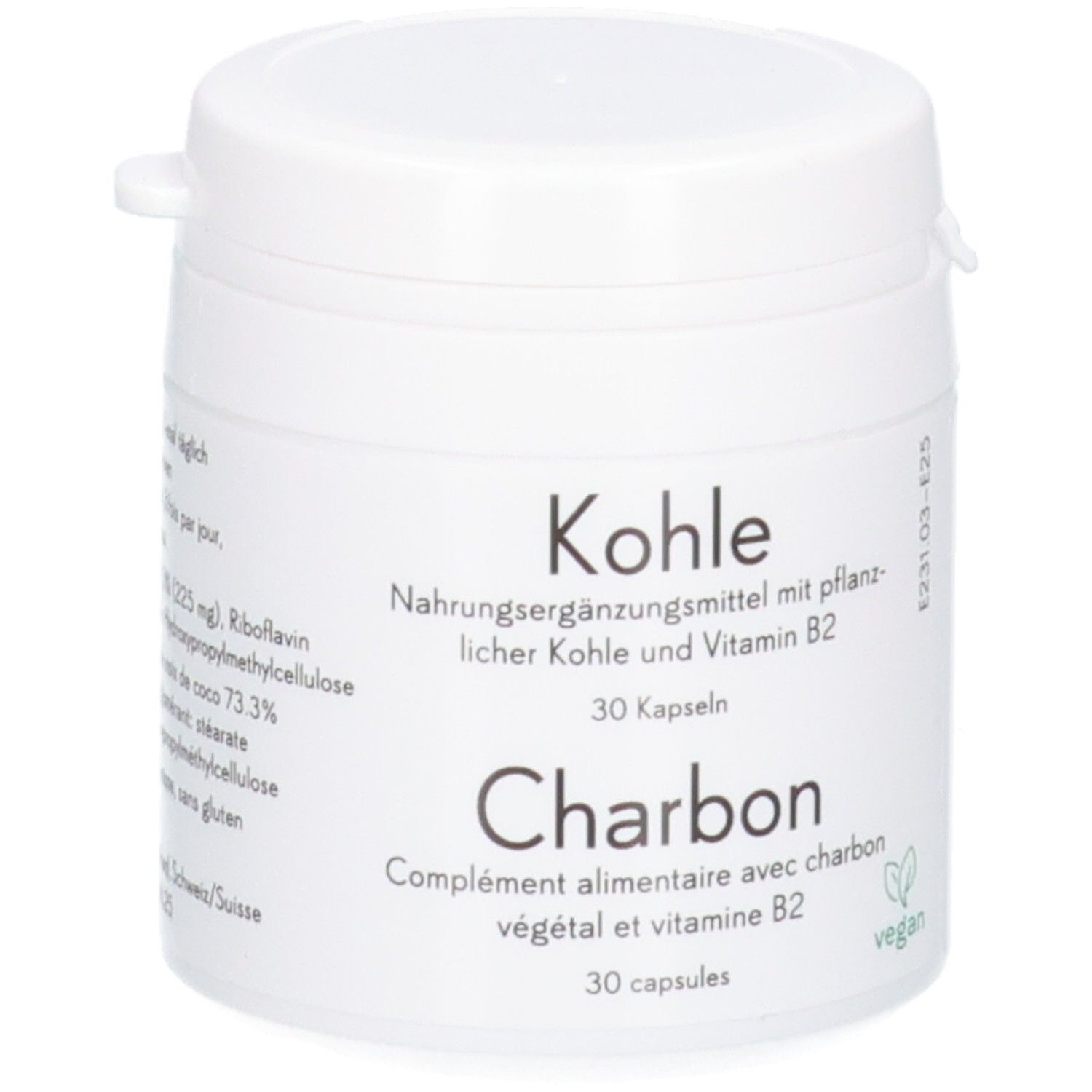 Seitenansicht einer Dose mit detaillierten Informationen zu Pflanzenkohle und Vitamin B2 Kapseln.