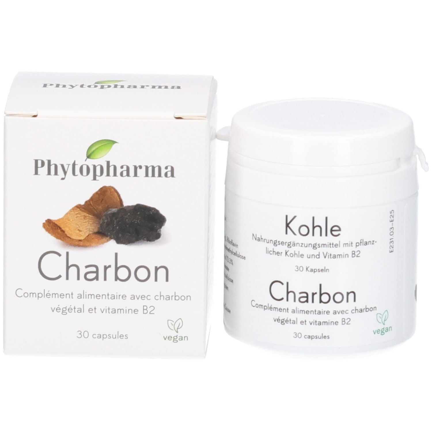 Verpackung mit einer Dose und einer Schachtel für Pflanzenkohle und Vitamin B2 Kapseln.