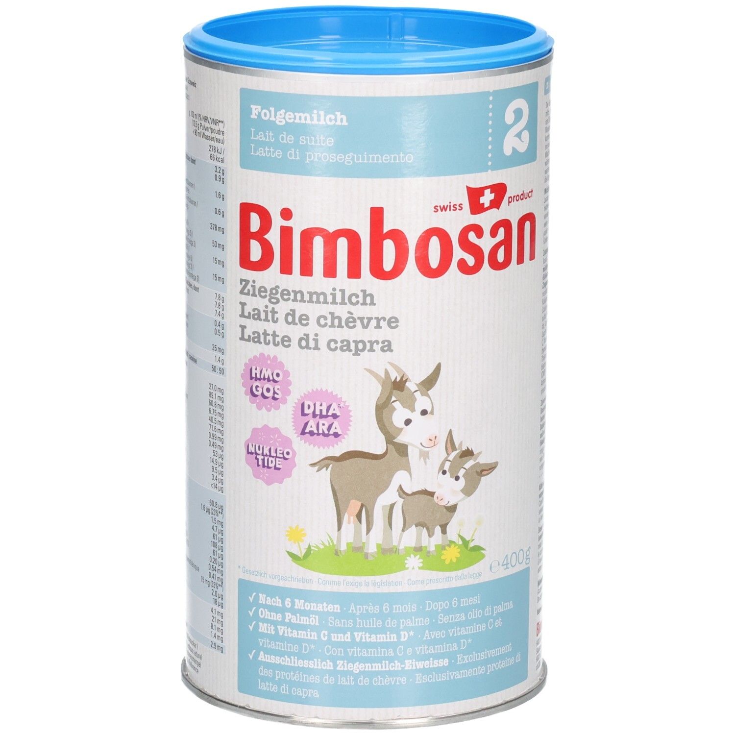 Boîte de lait de chèvre de suite. Marque : Bimbosan. Boîte avec couvercle bleu. Contient HMO, GOS, DHA, ARA. Produit suisse. 400g.
