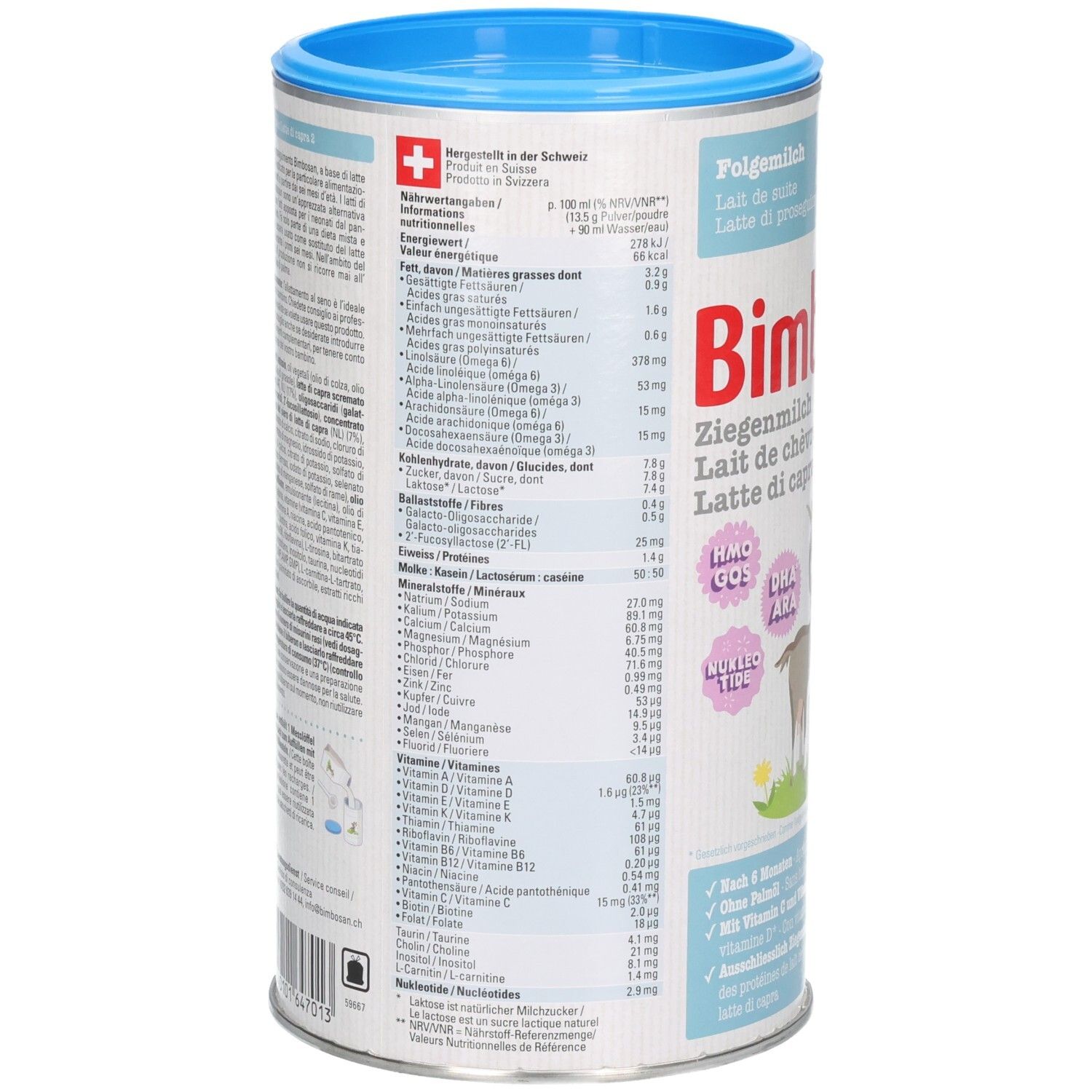 Boîte de lait de chèvre de suite. Dos avec informations nutritionnelles et ingrédients. Boîte avec couvercle bleu. Produit suisse.