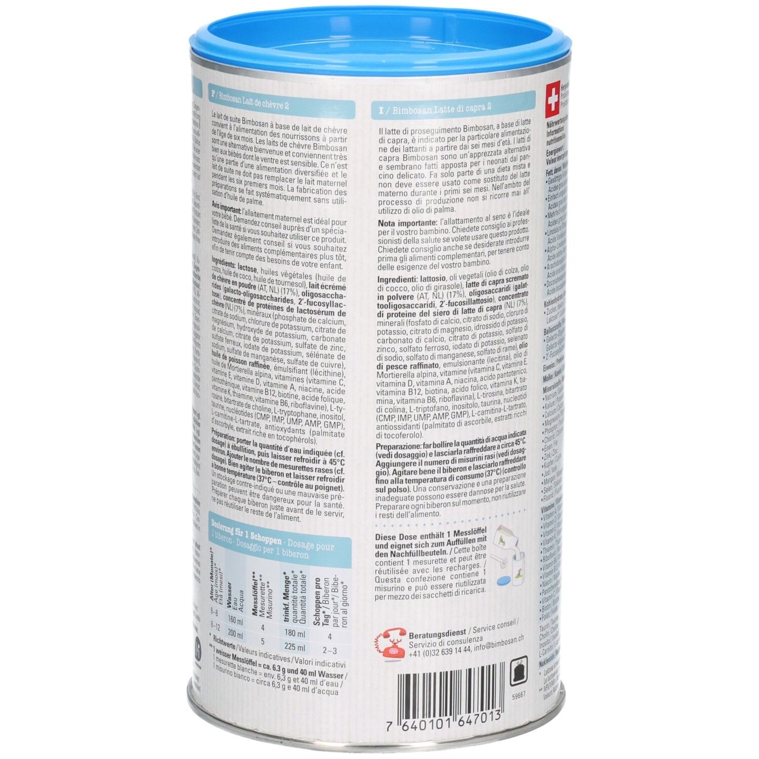 Boîte de lait de chèvre de suite. Vue détaillée du dos avec instructions d'utilisation. Boîte avec couvercle bleu. Produit suisse.