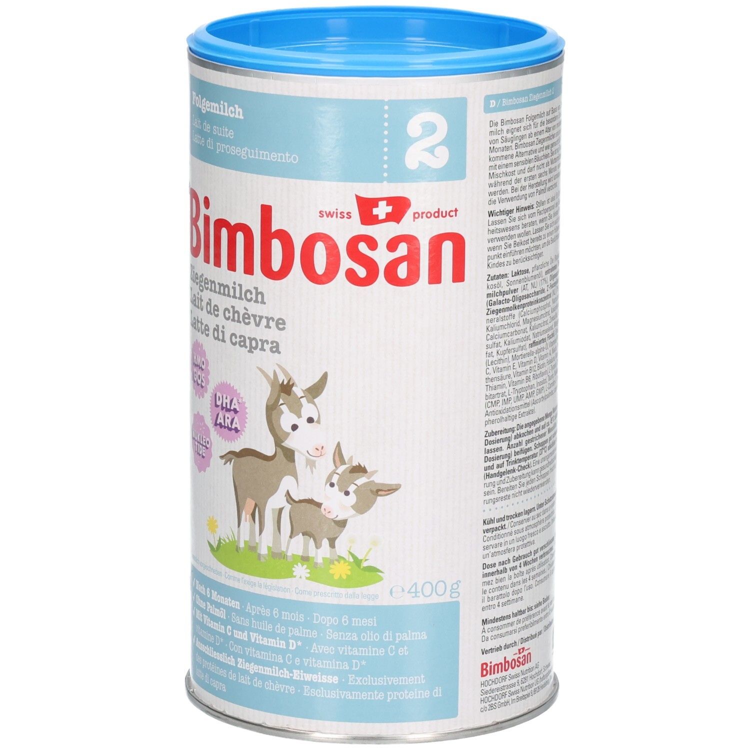 Boîte de lait de chèvre de suite. Marque : Bimbosan. Boîte avec couvercle bleu. Contient HMO, GOS, DHA, ARA. Produit suisse. 400g.