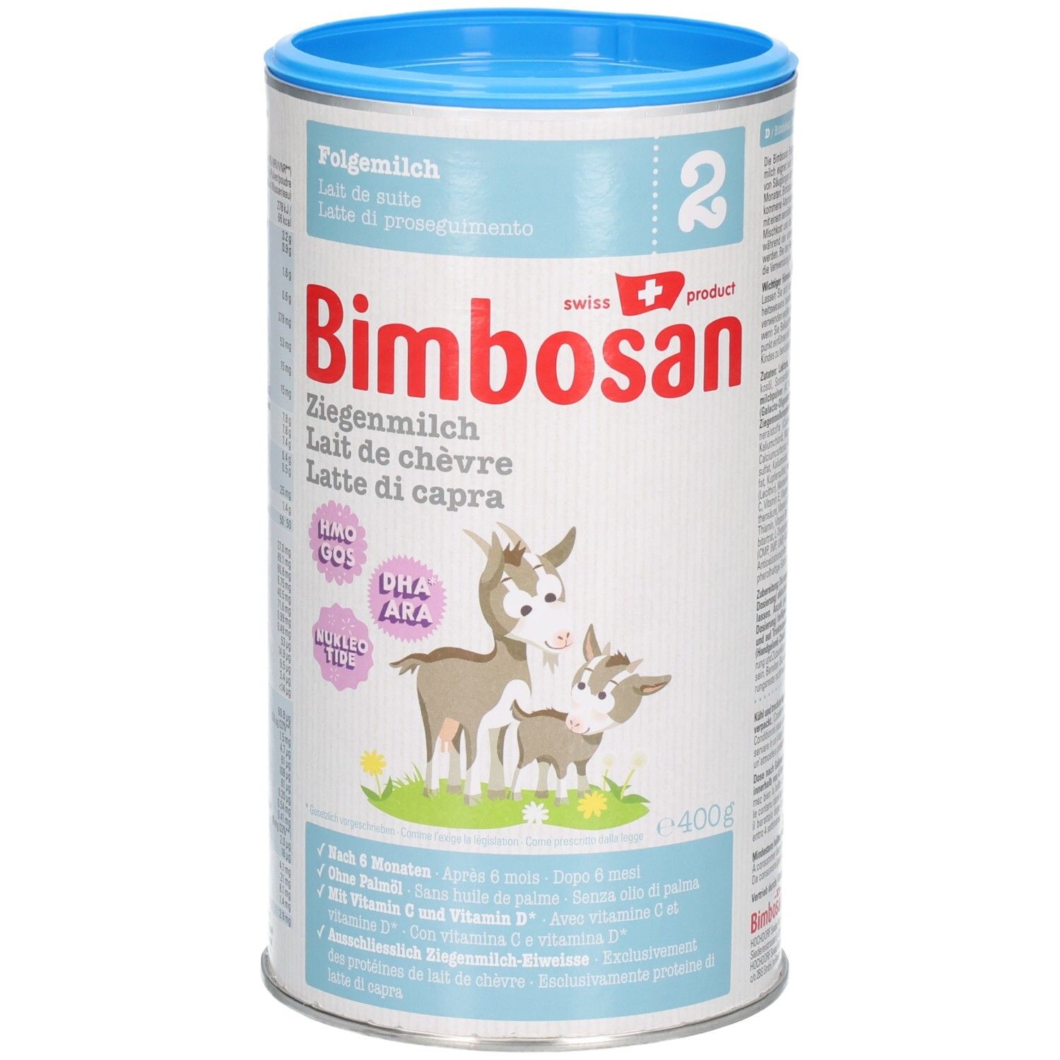 Boîte de lait de chèvre de suite. Marque : Bimbosan. Boîte avec couvercle bleu. Contient HMO, GOS, DHA, ARA. Produit suisse. 400g.