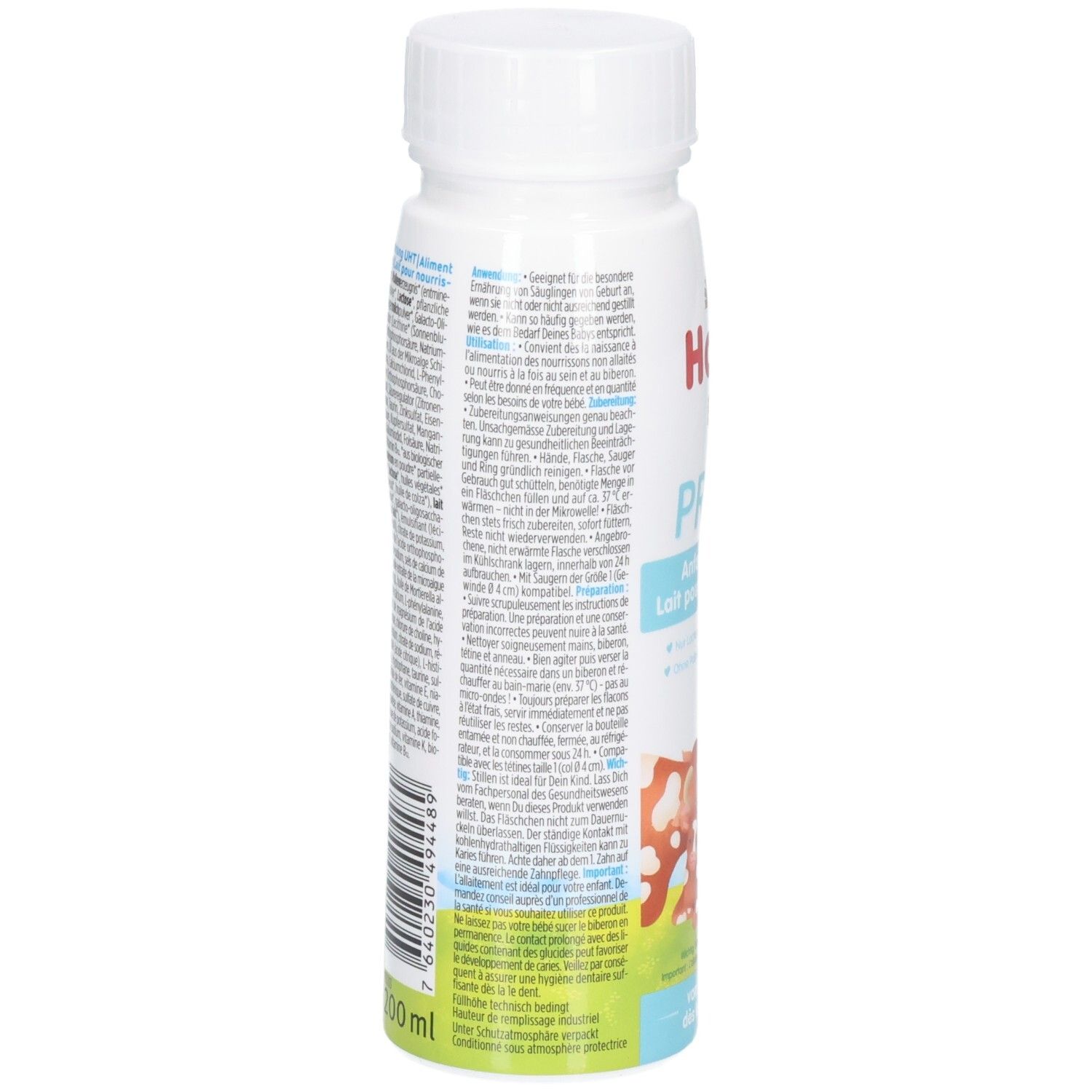 Rückseite Flasche Holle Bio Anfangsmilch PRE/1 mit Nährwertangaben und Barcode.