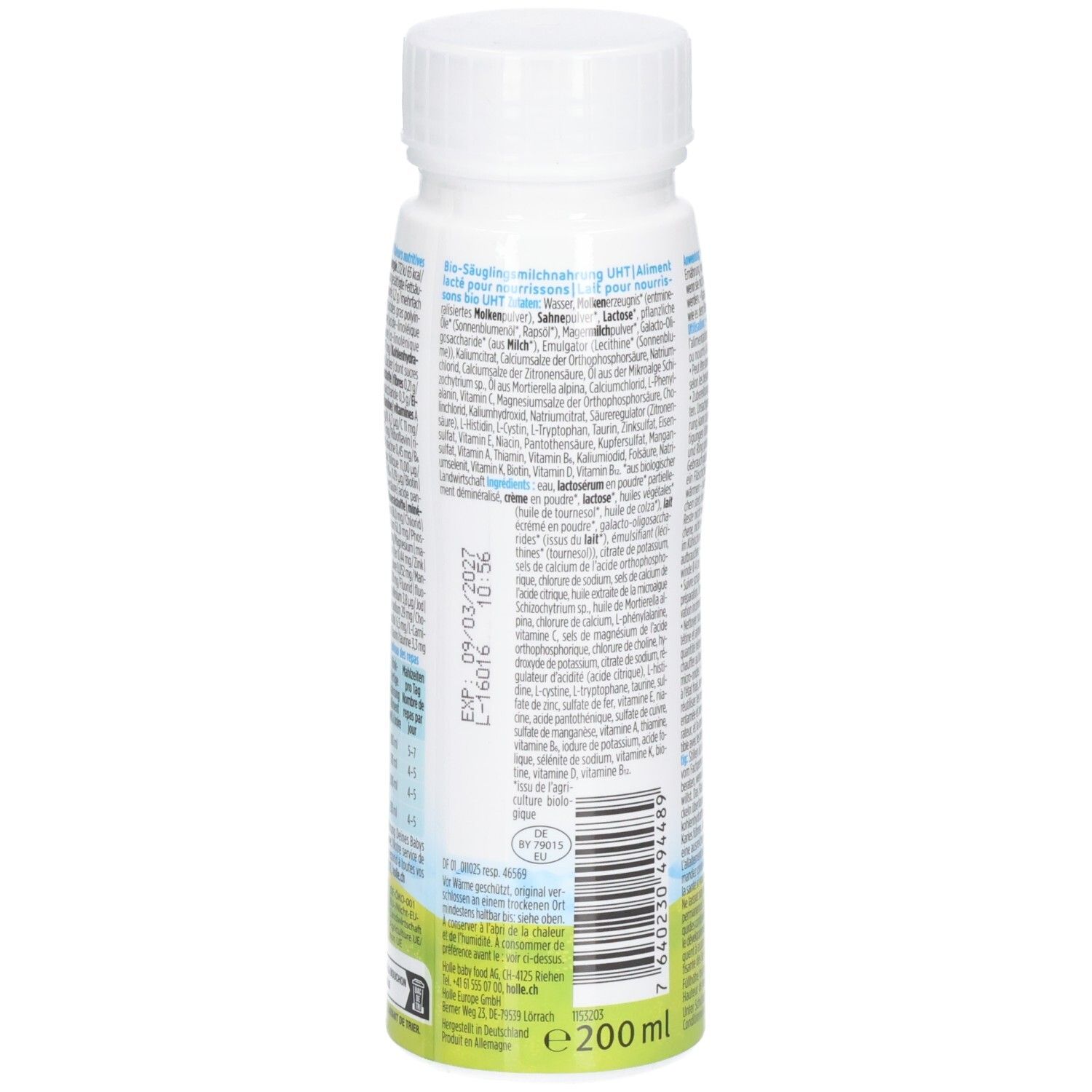 Detailansicht Rückseite Flasche Holle Bio Anfangsmilch PRE/1 mit Haltbarkeitsdatum und EAN.