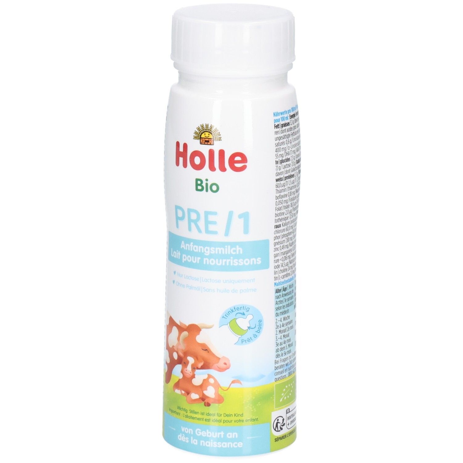 Holle Bio Anfangsmilch PRE/1, trinkfertig in Flasche mit weißem Deckel. Motiv Kuh und Kalb.