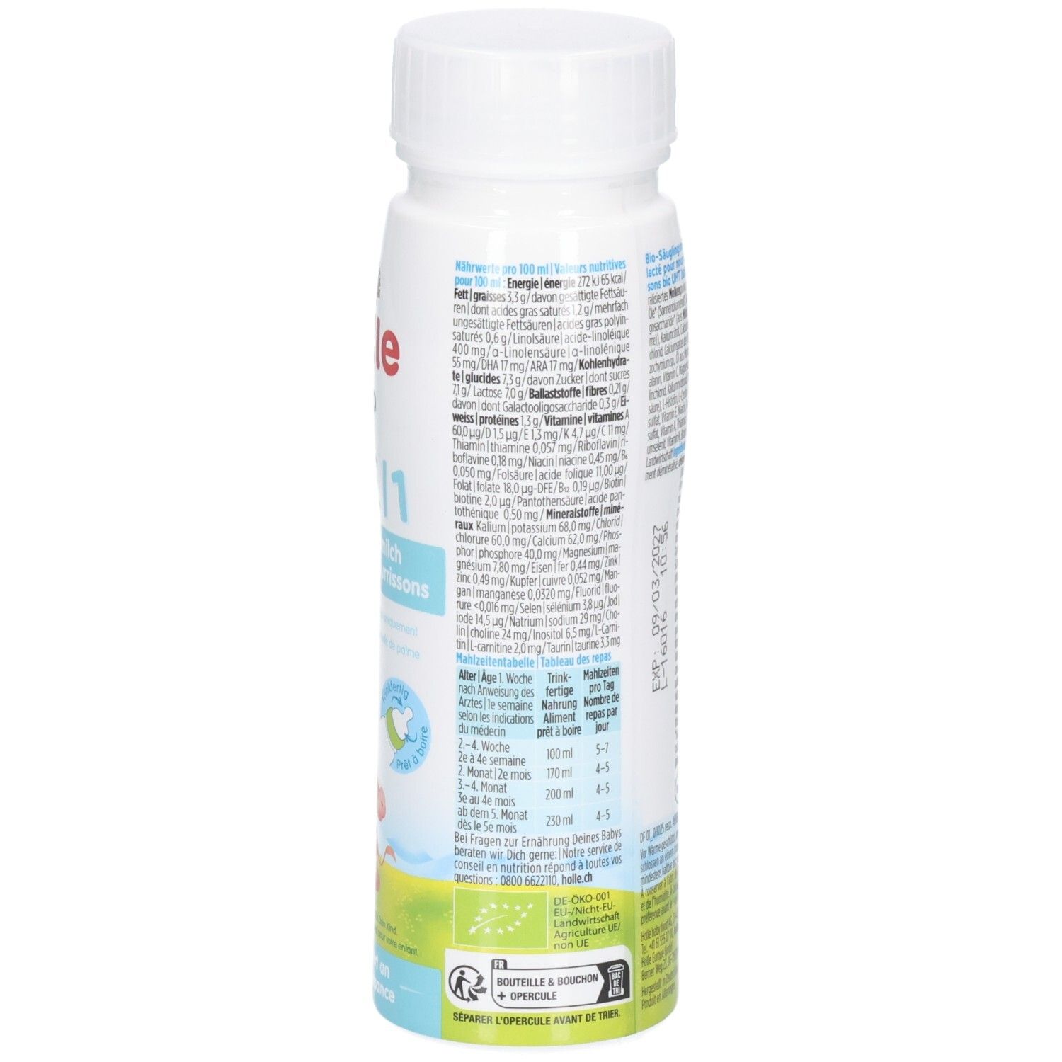 Rückseite Flasche Holle Bio Anfangsmilch PRE/1 mit Nährwertangaben und Bio-Siegel.
