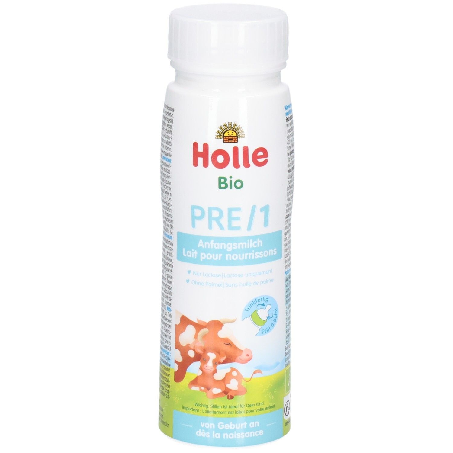 Holle Bio Anfangsmilch PRE/1, trinkfertig in Flasche mit weißem Deckel. Motiv Kuh und Kalb.