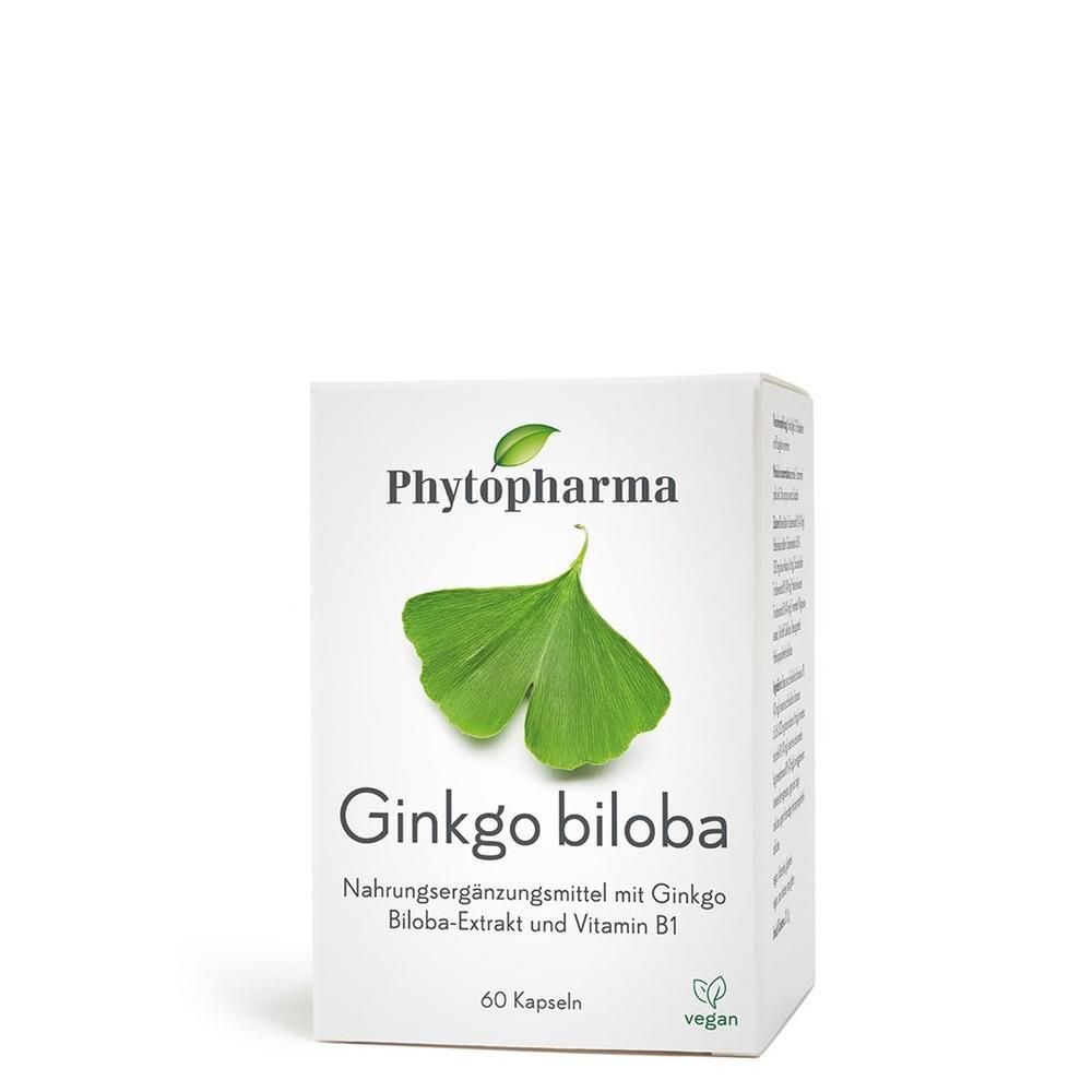 Phytopharma Ginkgo biloba Gélules : boîte en carton avec deux feuilles de ginkgo et du texte.
