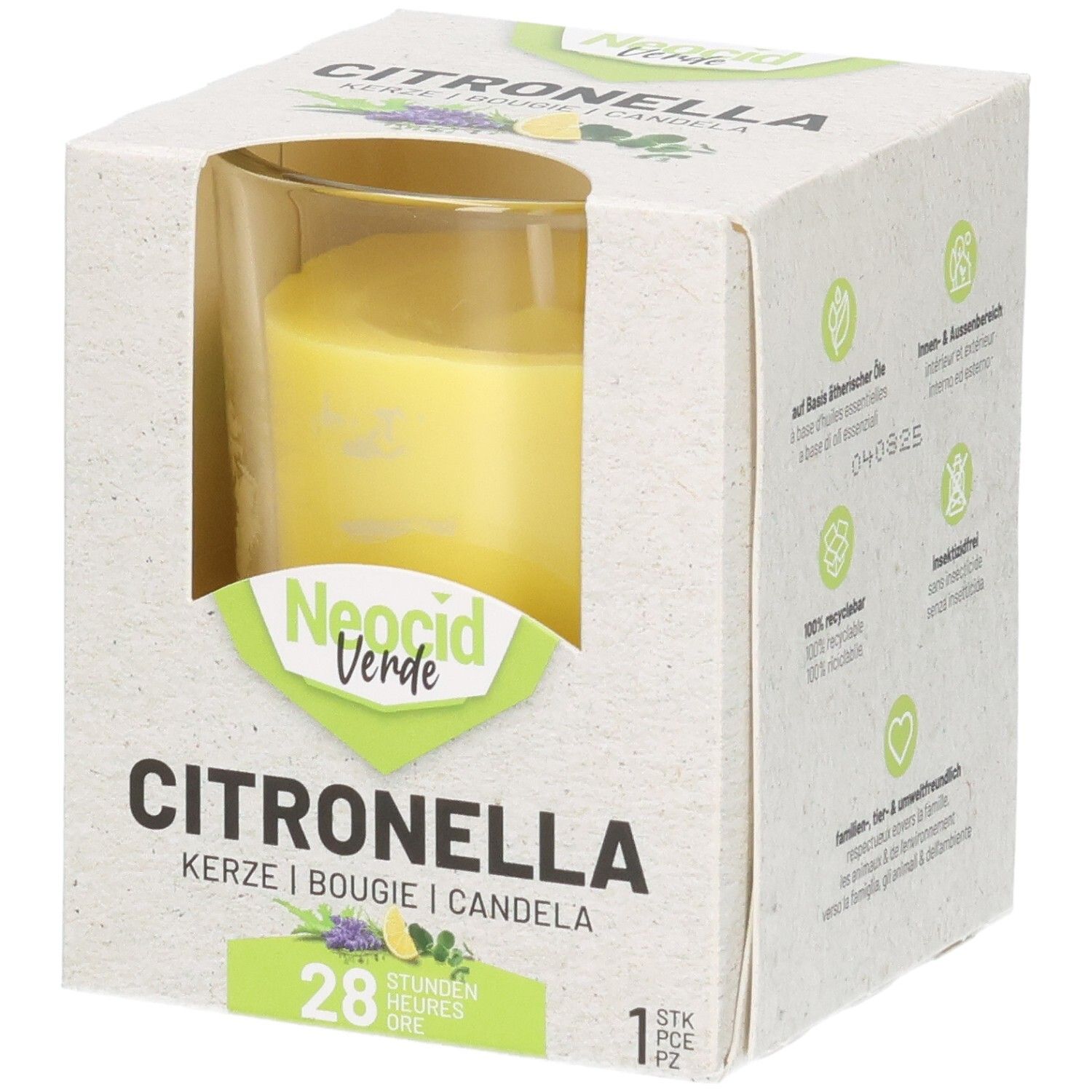 Verpackte gelbe Citronella-Kerze im Glas mit Aufdruck 'Neocid Verde Citronella'.