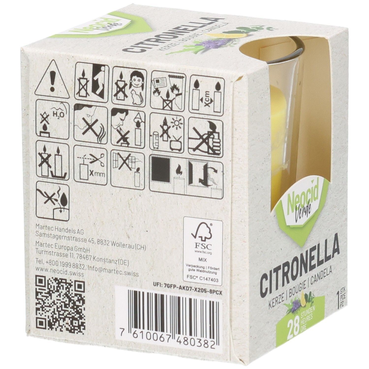 Rückseite der Verpackung einer Citronella-Kerze mit Sicherheitshinweisen und Produktinformationen.