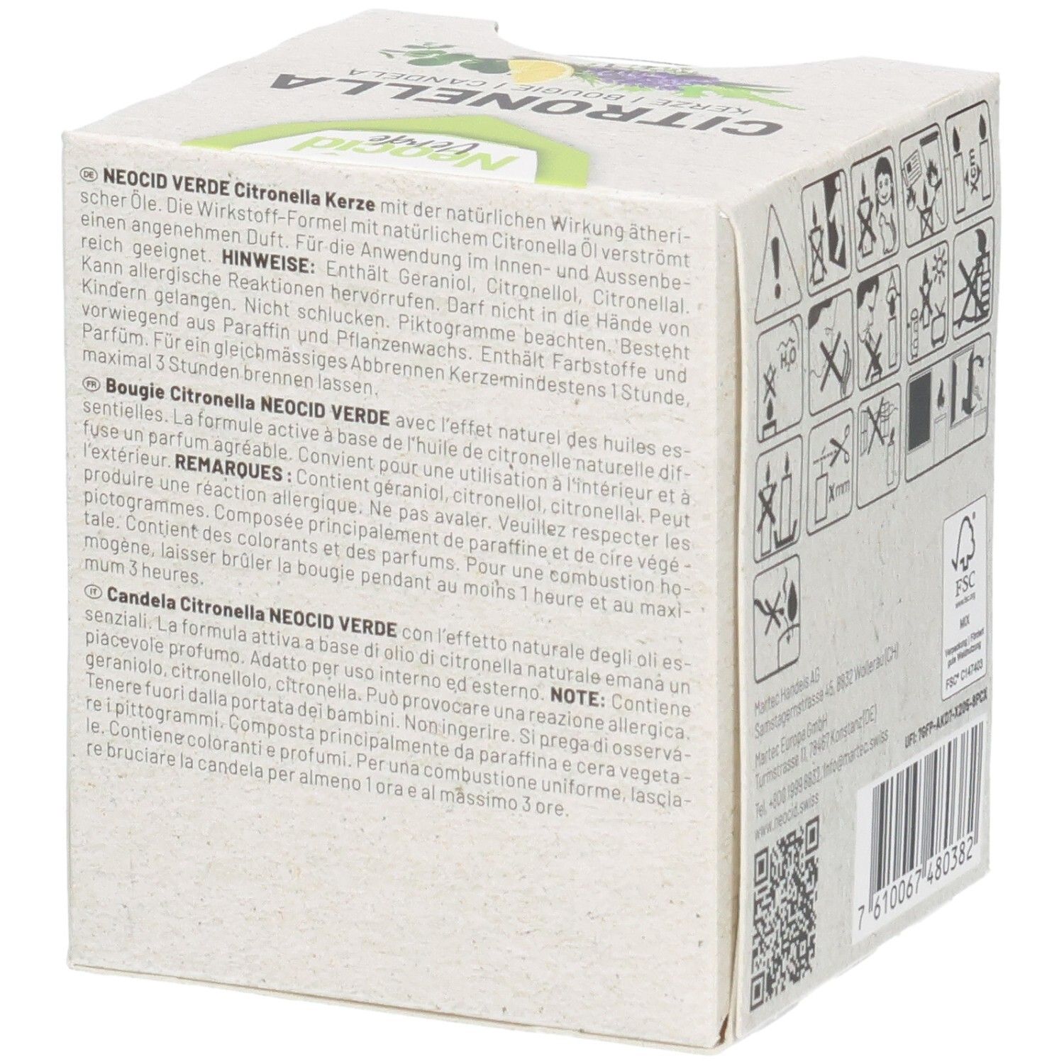 Seitenansicht der Verpackung einer Citronella-Kerze mit mehrsprachigen Produktbeschreibungen.