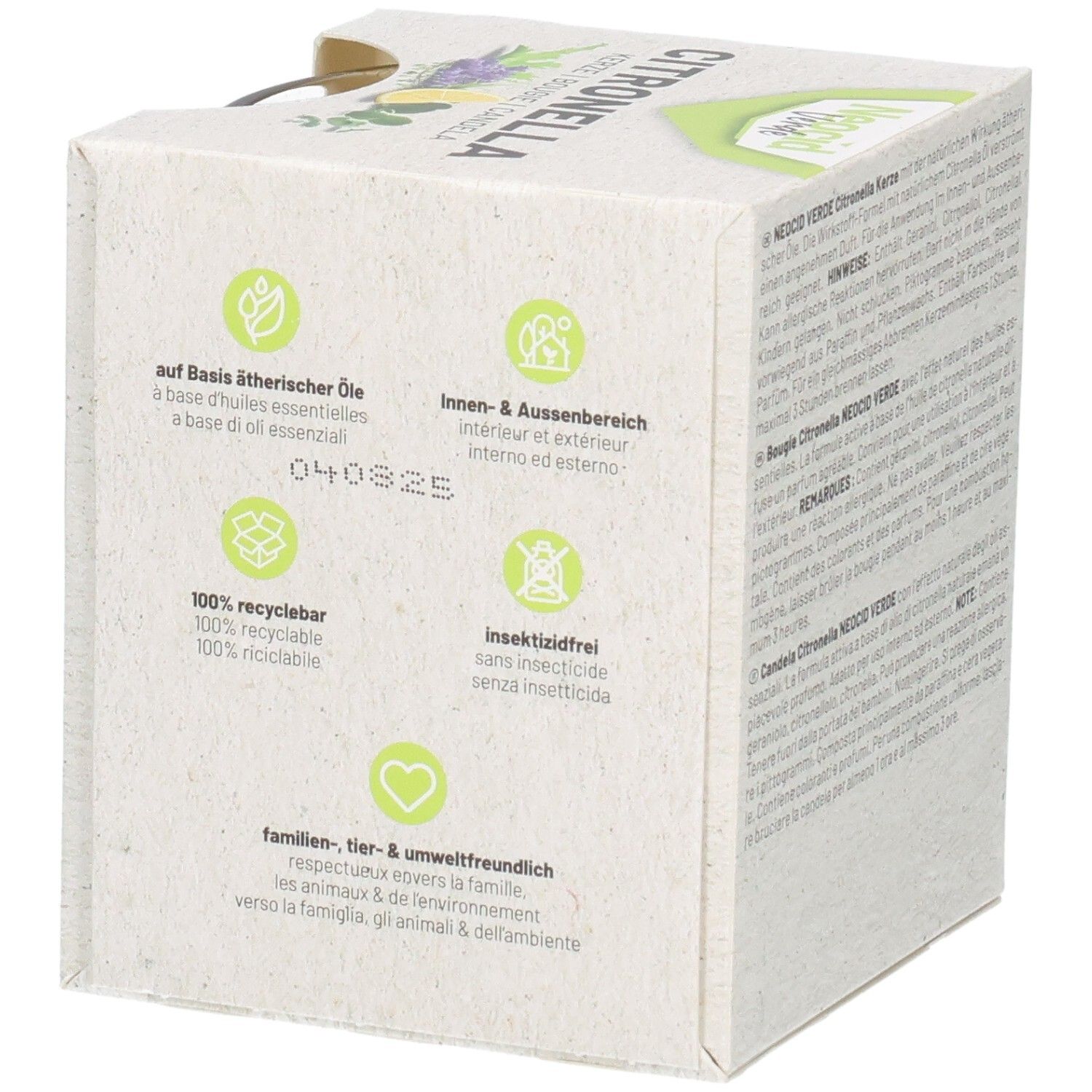 Seitenansicht der Verpackung einer Citronella-Kerze mit Icons für Inhaltsstoffe und Umweltfreundlichkeit.