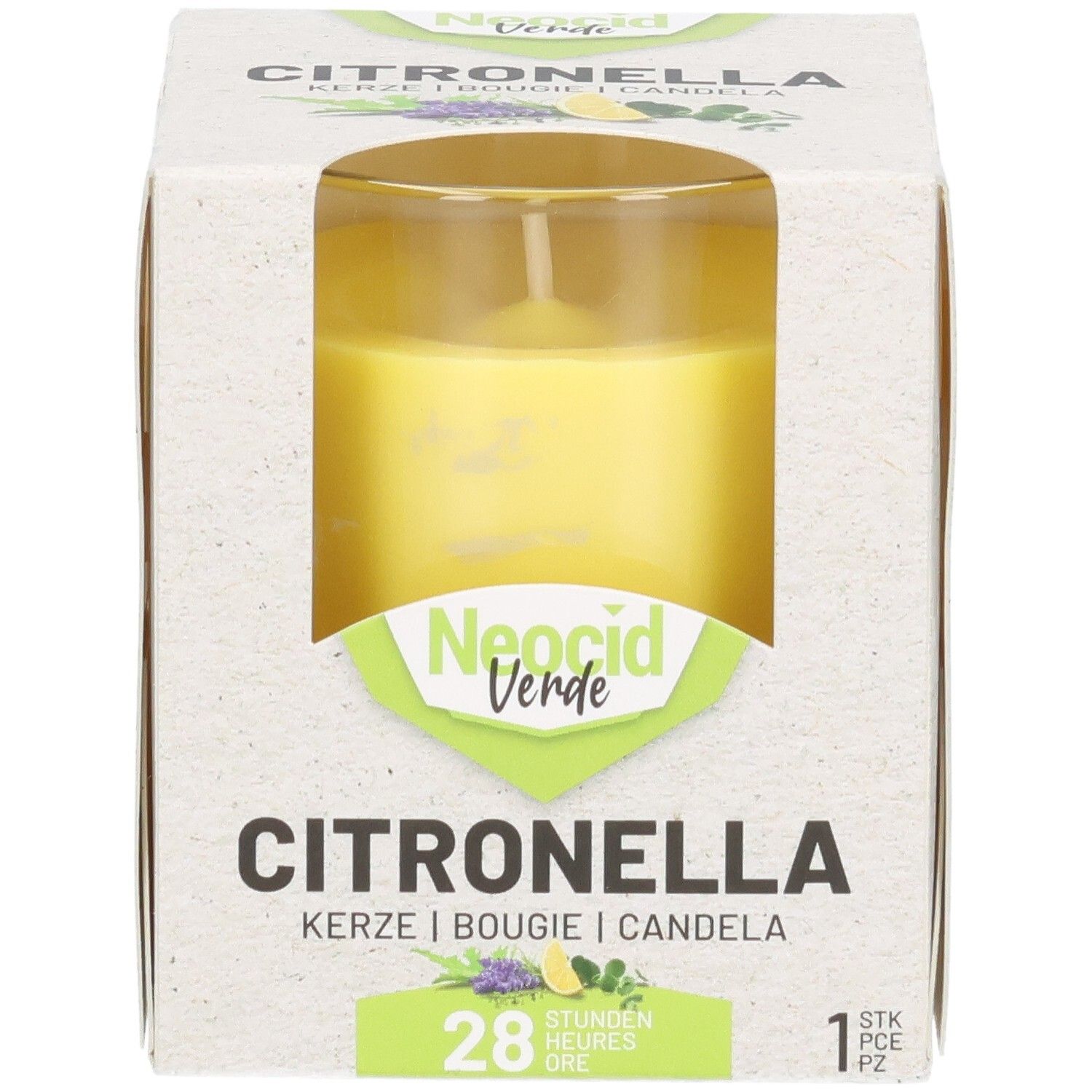 Verpackte gelbe Citronella-Kerze im Glas, Vorderansicht mit Produktnamen und Brenndauer.