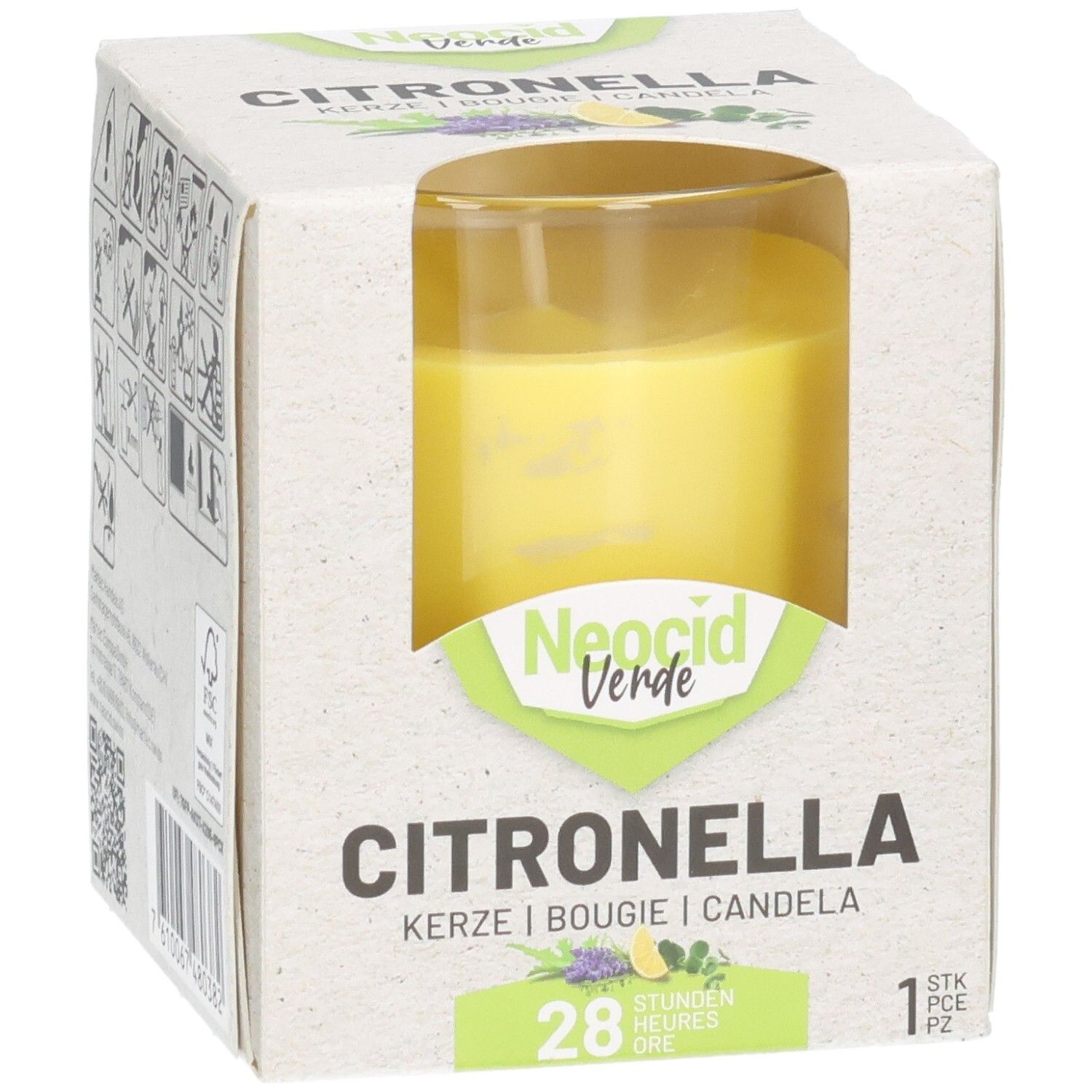 Verpackte gelbe Citronella-Kerze im Glas, leicht schräg von vorne mit Produktnamen.