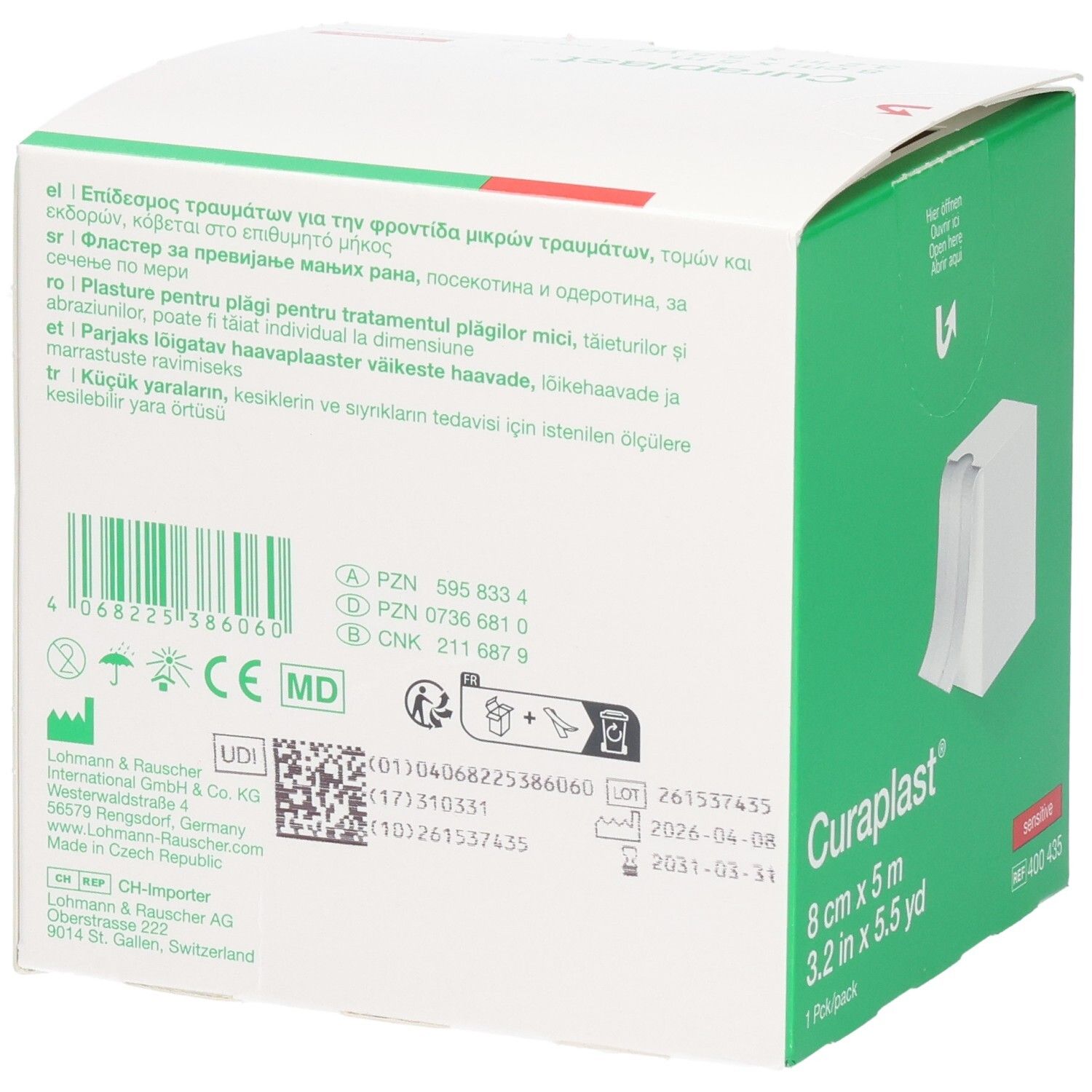 Curaplast® sensitiv Wundpflaster, 8 cm x 5 m, Verpackung mit Produktinformationen und CE-Kennzeichnung.