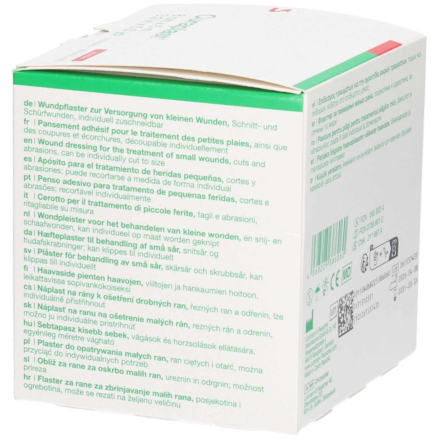 Curaplast® sensitiv Wundpflaster, 8 cm x 5 m, Verpackung mit mehrsprachigen Anwendungshinweisen.