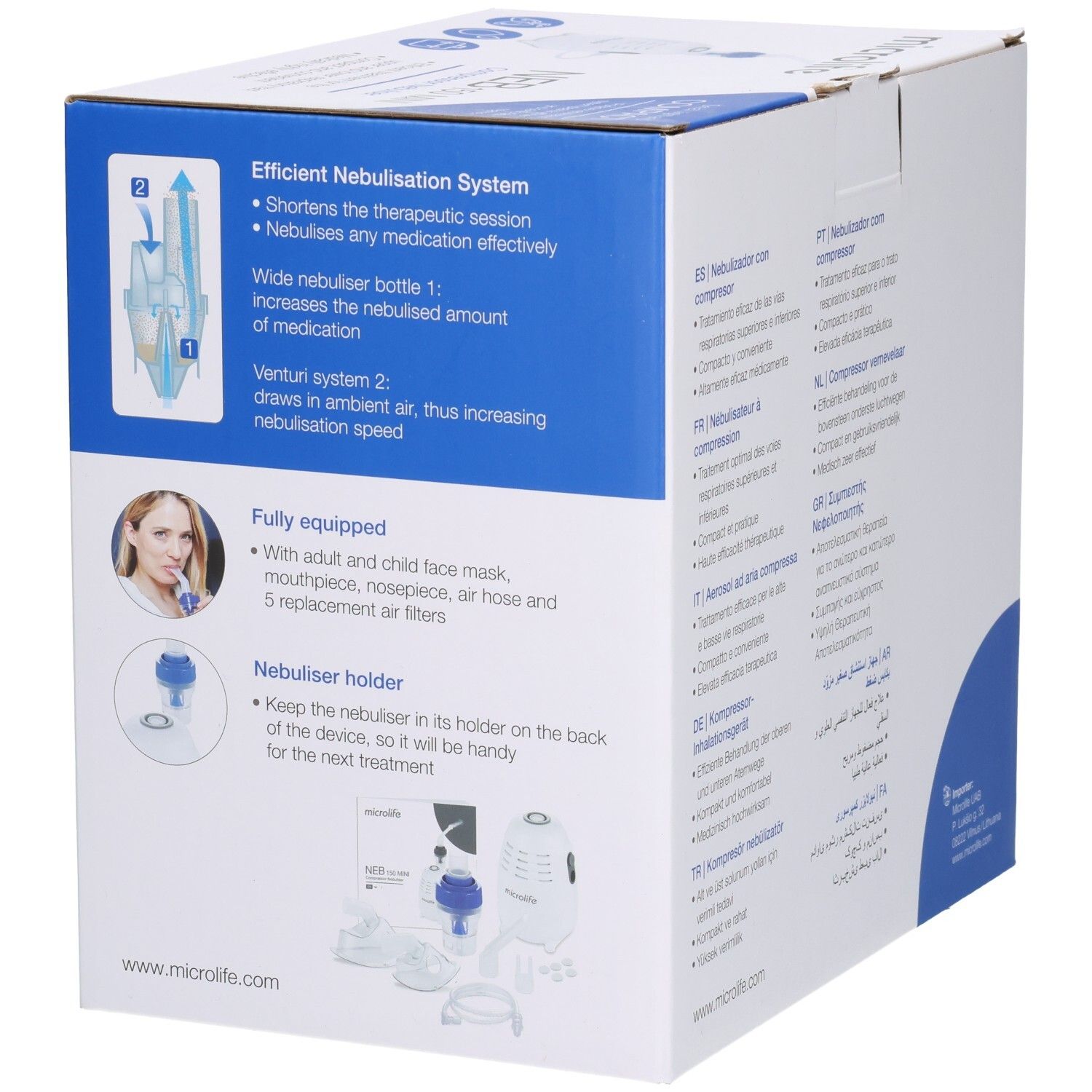 Microlife NEB 150 MINI Kompressor-Vernebler-Verpackung mit Produktabbildung.