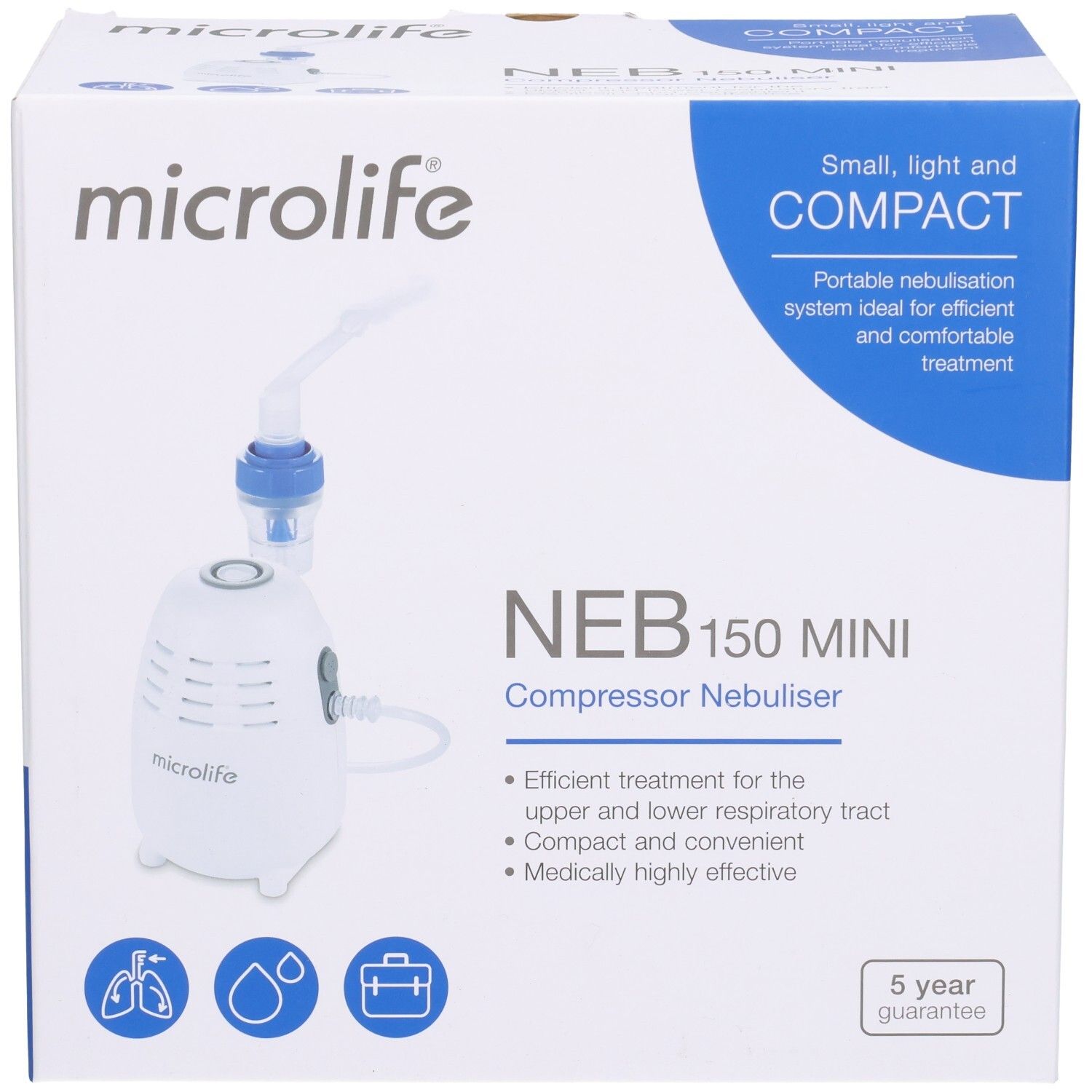 Microlife NEB 150 MINI Kompressor-Vernebler-Verpackung mit Produktabbildung.