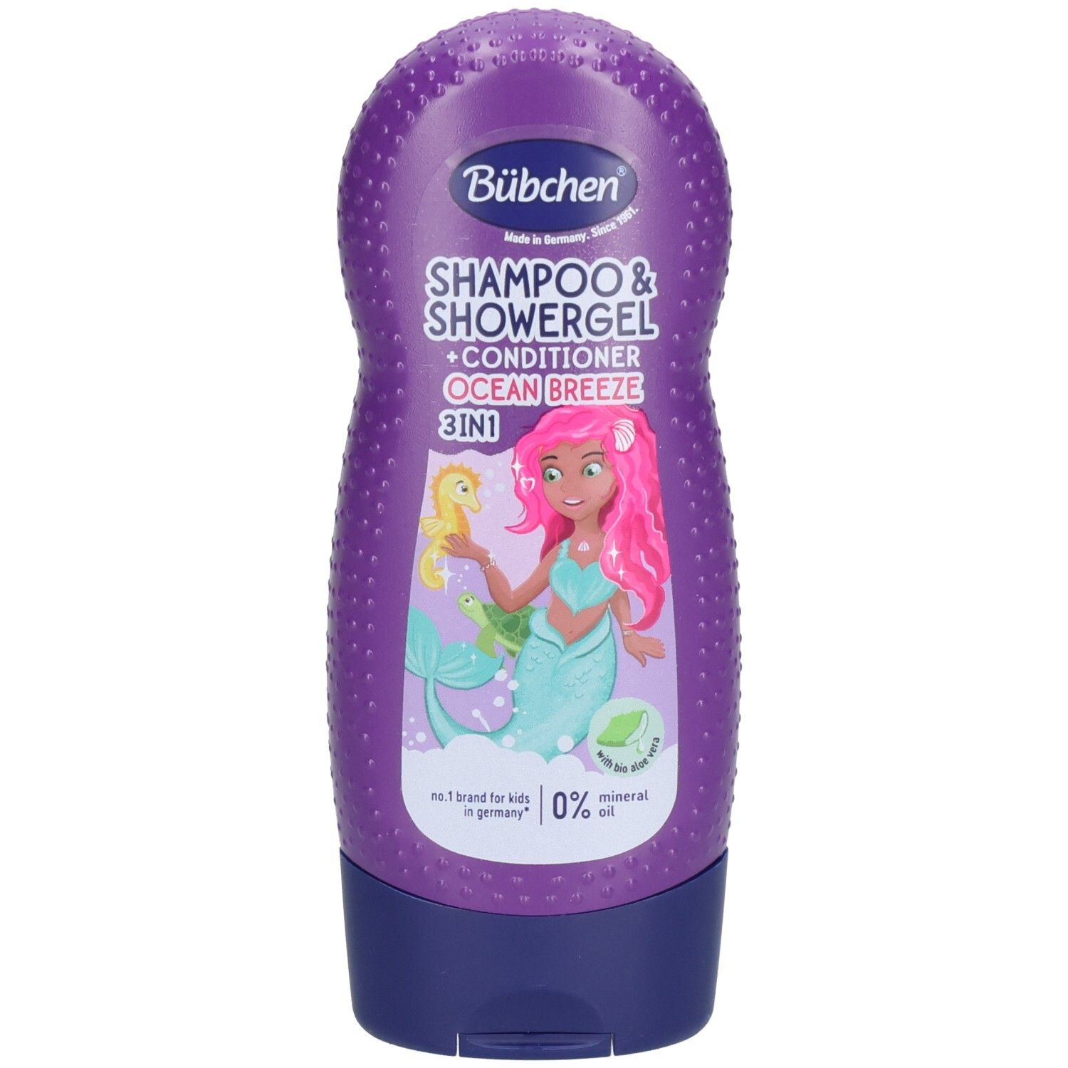 Violette Flasche mit Bübchen-Logo, Shampoo & Duschgel, Meerjungfrau-Illustration. 3in1-Produkt für Kinder.
