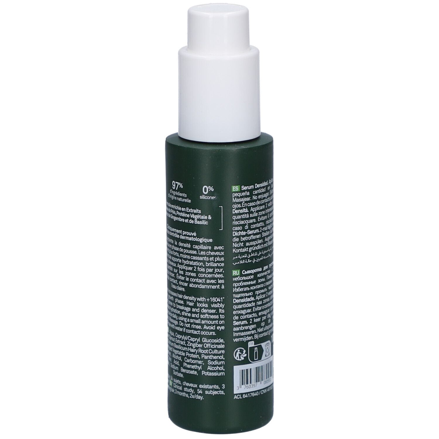 Grüne Flasche mit weißem Pumpkopf. Rückseite mit Text und Prozentangaben. Inhaltsstoffe aufgelistet.