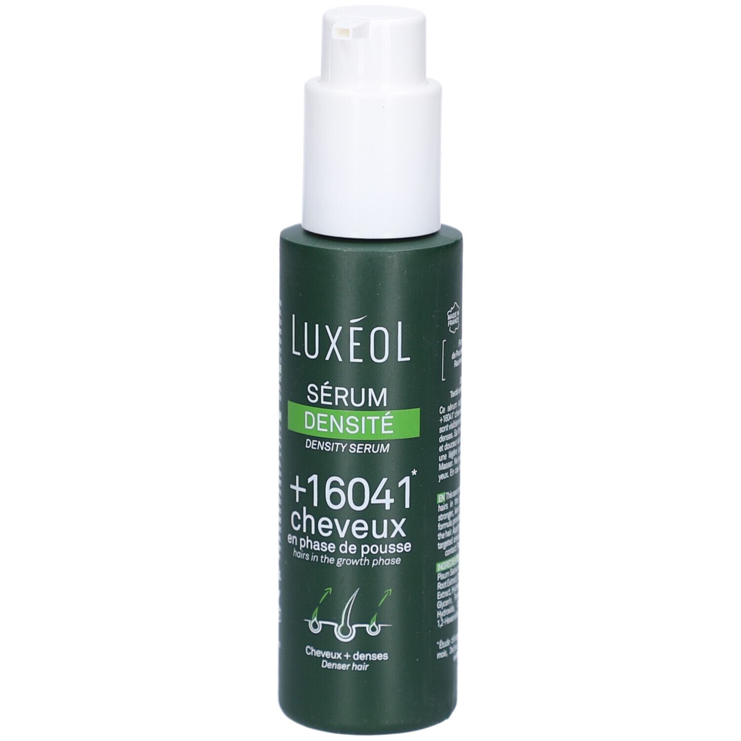 Grüne Flasche mit weißem Pumpkopf. Aufschrift: LUXEOL, Sérum Densité, +16041 cheveux. Abbildung von Haaren.