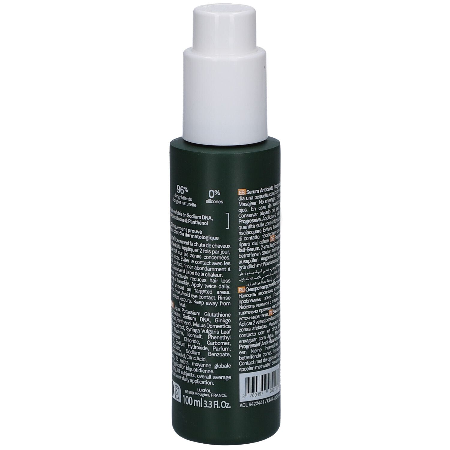 Flacon vert avec pompe blanche. Dos avec texte. LUXÉOL Sérum Antichute Progressive. 100 ml.