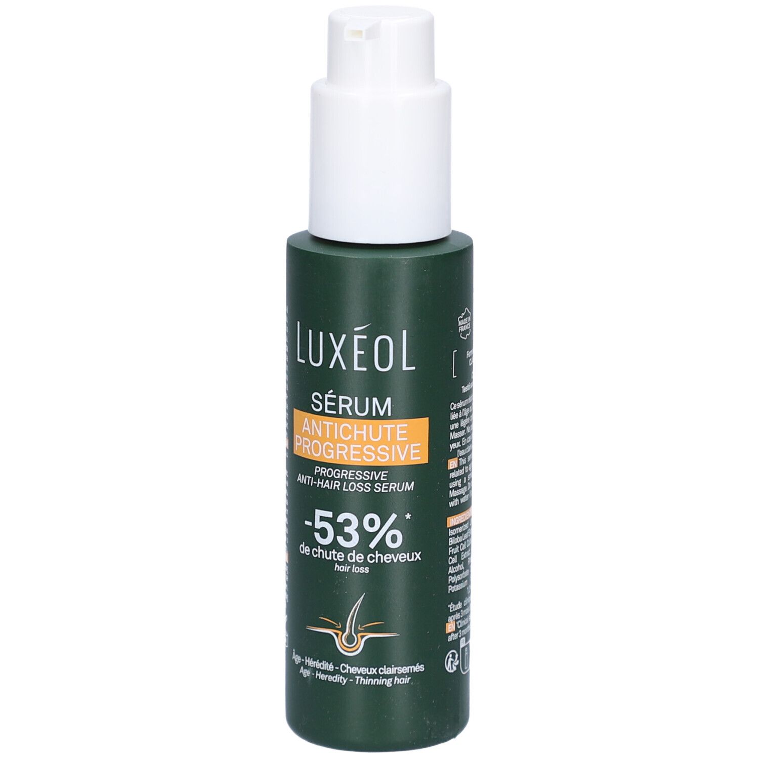 Flacon vert avec pompe blanche. LUXÉOL Sérum Antichute Progressive. -53% de chute de cheveux. Étiquette produit.