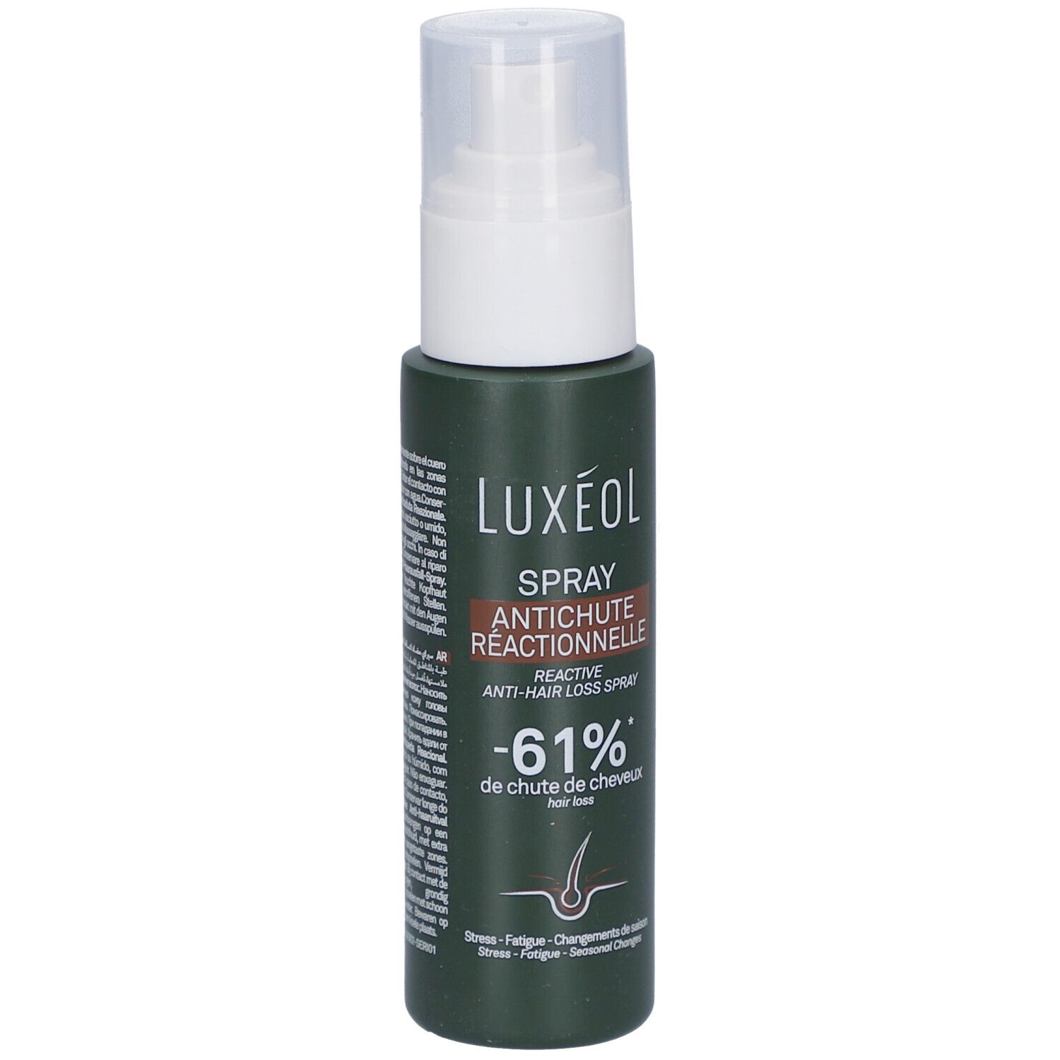 Flacon spray vert avec tête blanche. Texte: LUXEOL, Spray Antichute Réactionnelle, -61% de chute de cheveux.