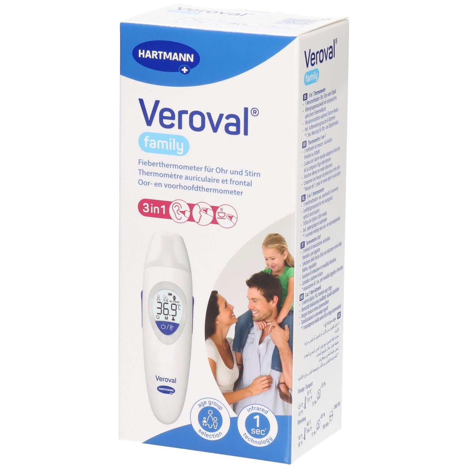Verpackung des Veroval Familien-Thermometers für Ohr und Stirn.