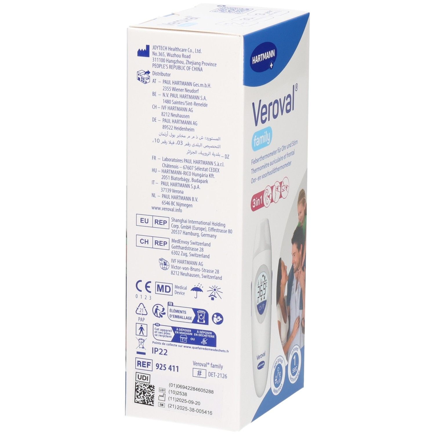Rückseite der Verpackung des Veroval Familien-Thermometers.