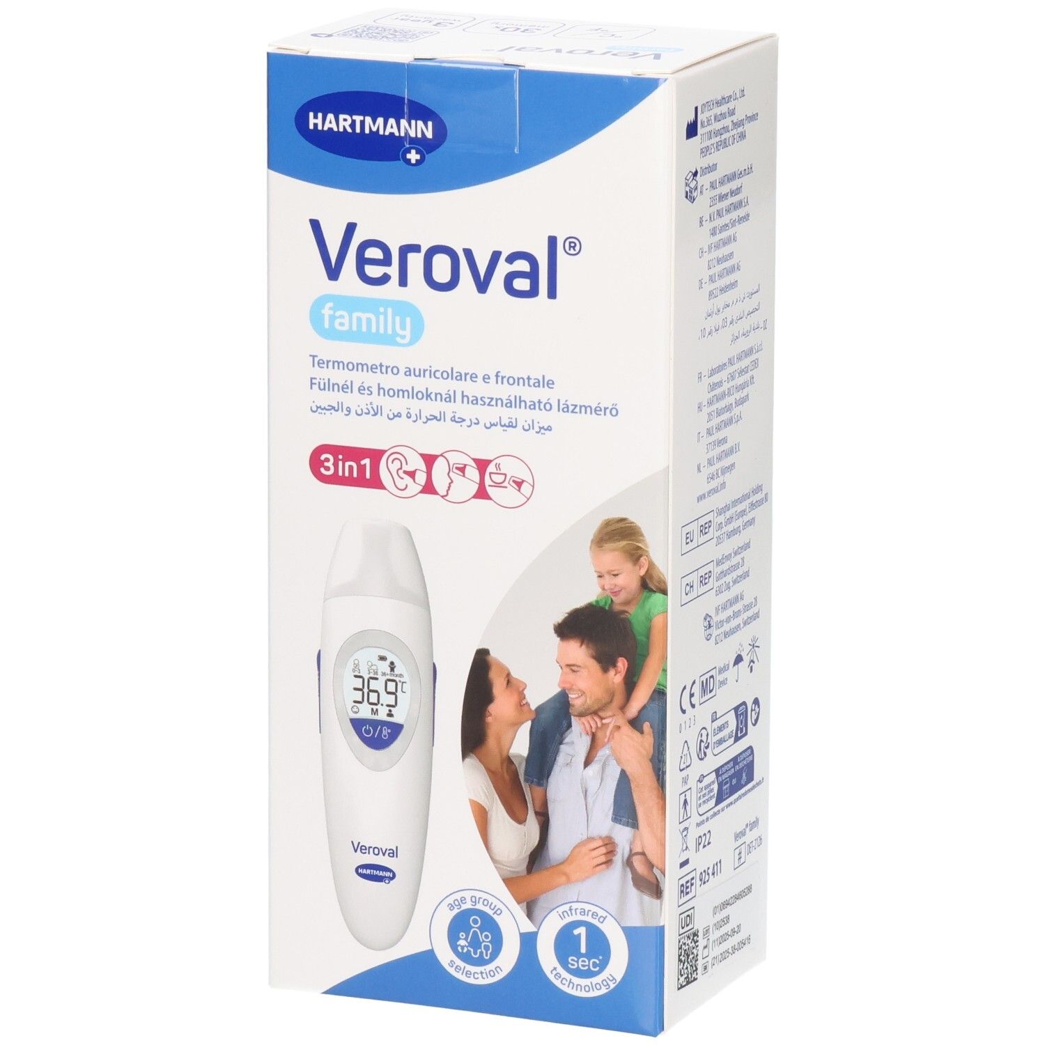 Verpackung des Veroval Familien-Thermometers für Ohr und Stirn.