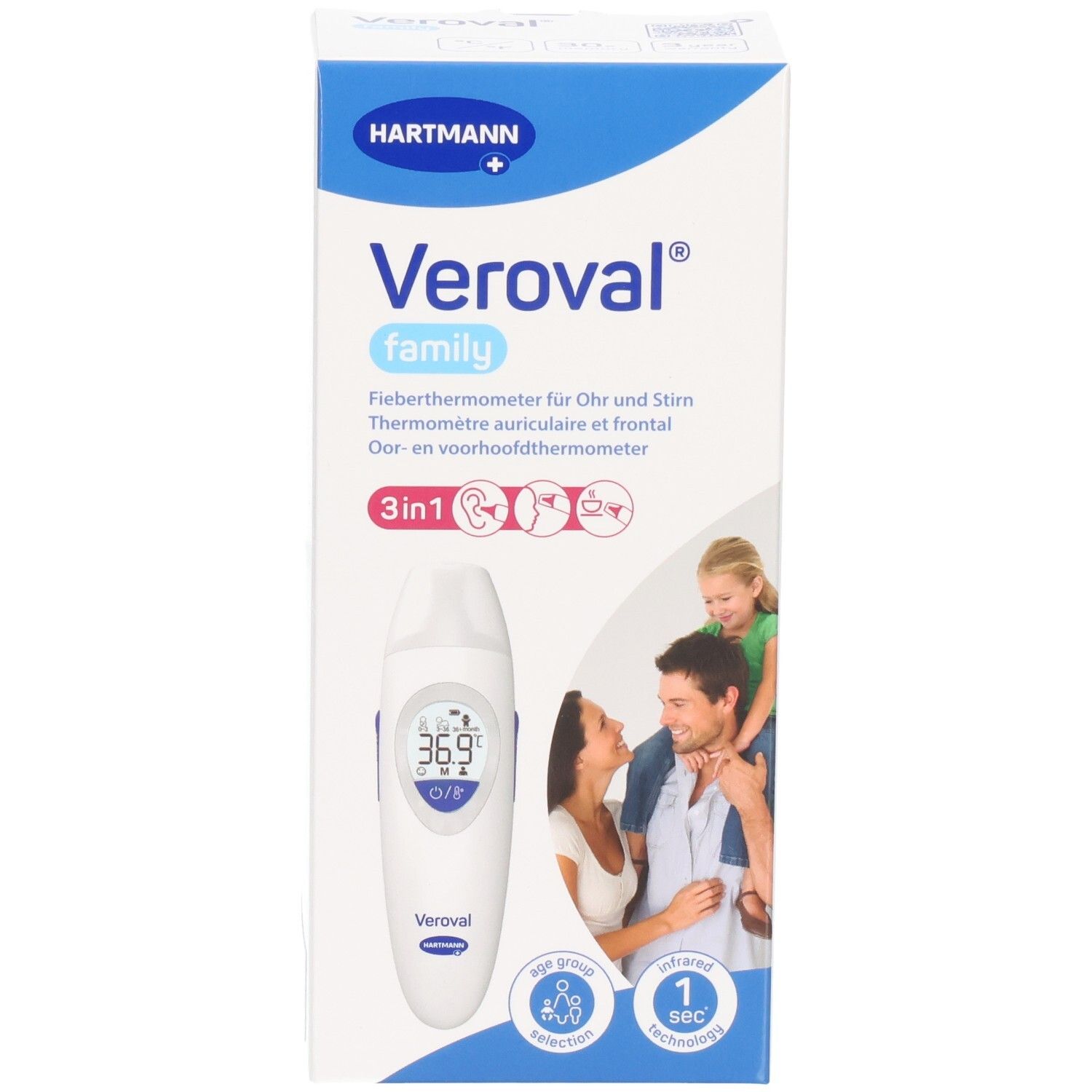 Veroval Familien-Fieberthermometer für Ohr, Stirn und Umgebung. 3-in-1-Messung.