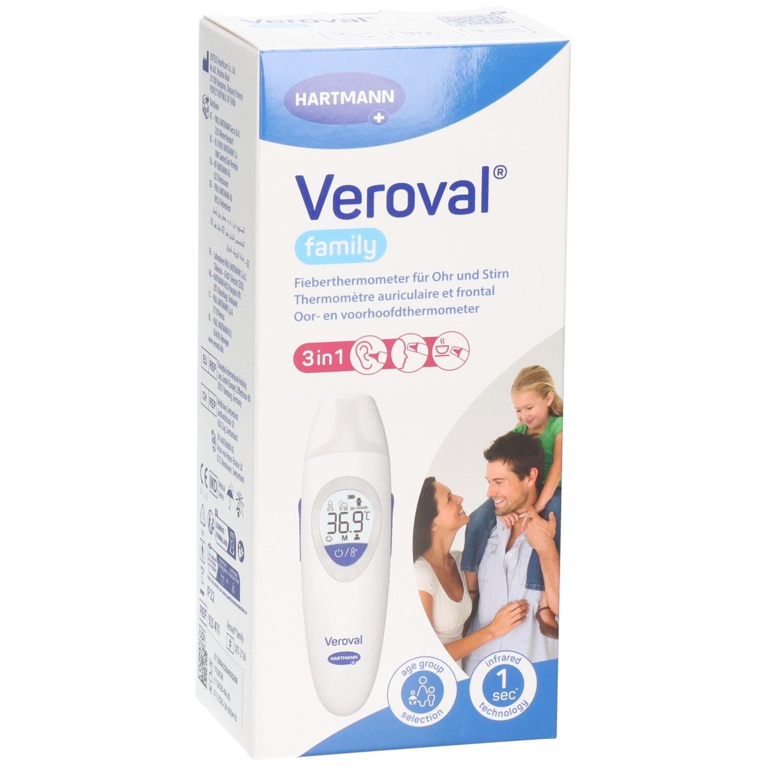 Veroval Familien-Fieberthermometer für Ohr, Stirn und Umgebung. 3-in-1-Messung.
