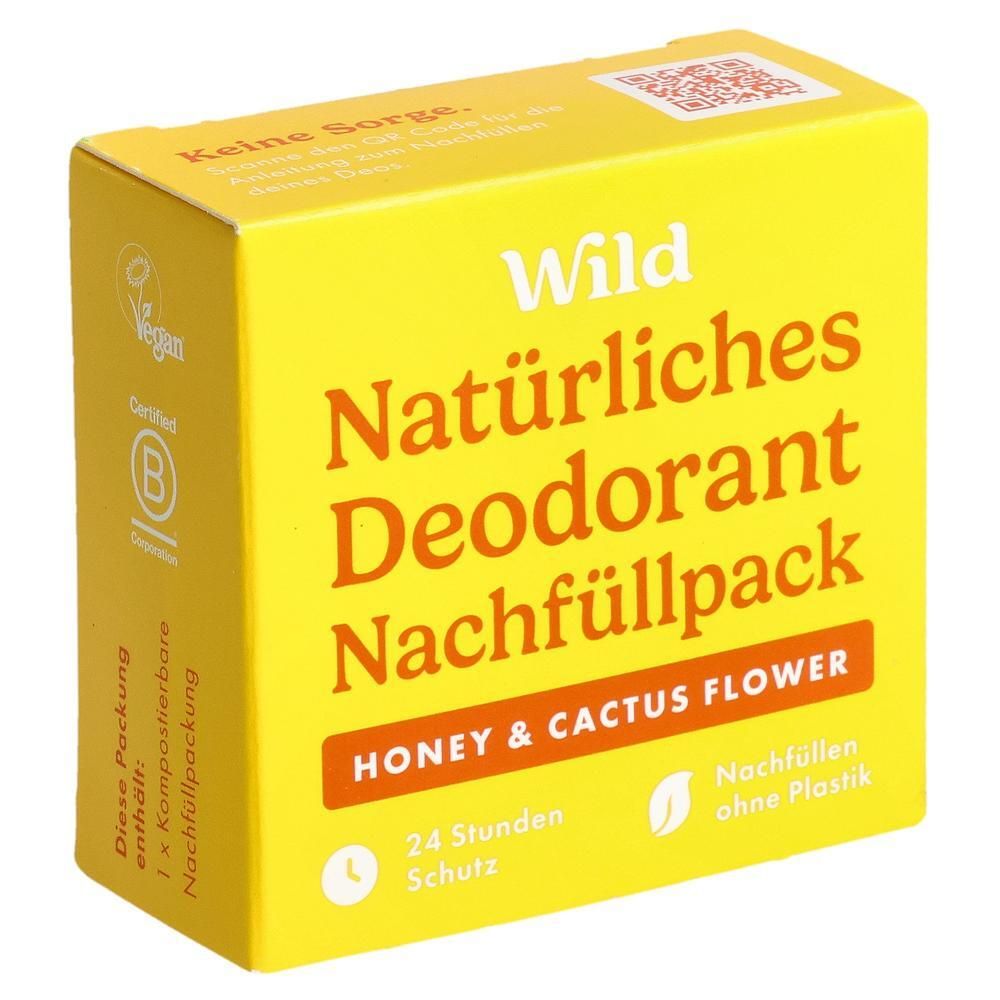 Wild Nachfüllpack Naturliches Deodorant Honey & Cactus Flower. Gelber Karton mit Siegeln.