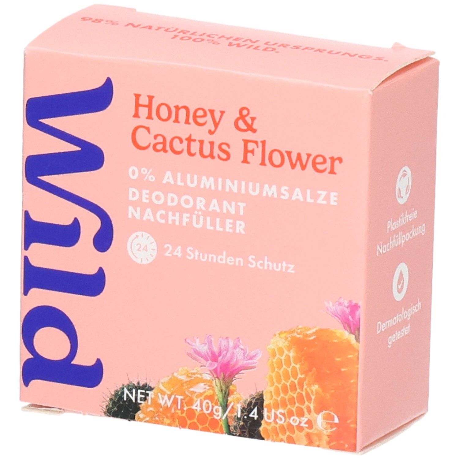 Wild Deodorant Nachfüller Honey & Cactus Flower. Rosa Karton mit Bienenwaben und Kaktusblüten.